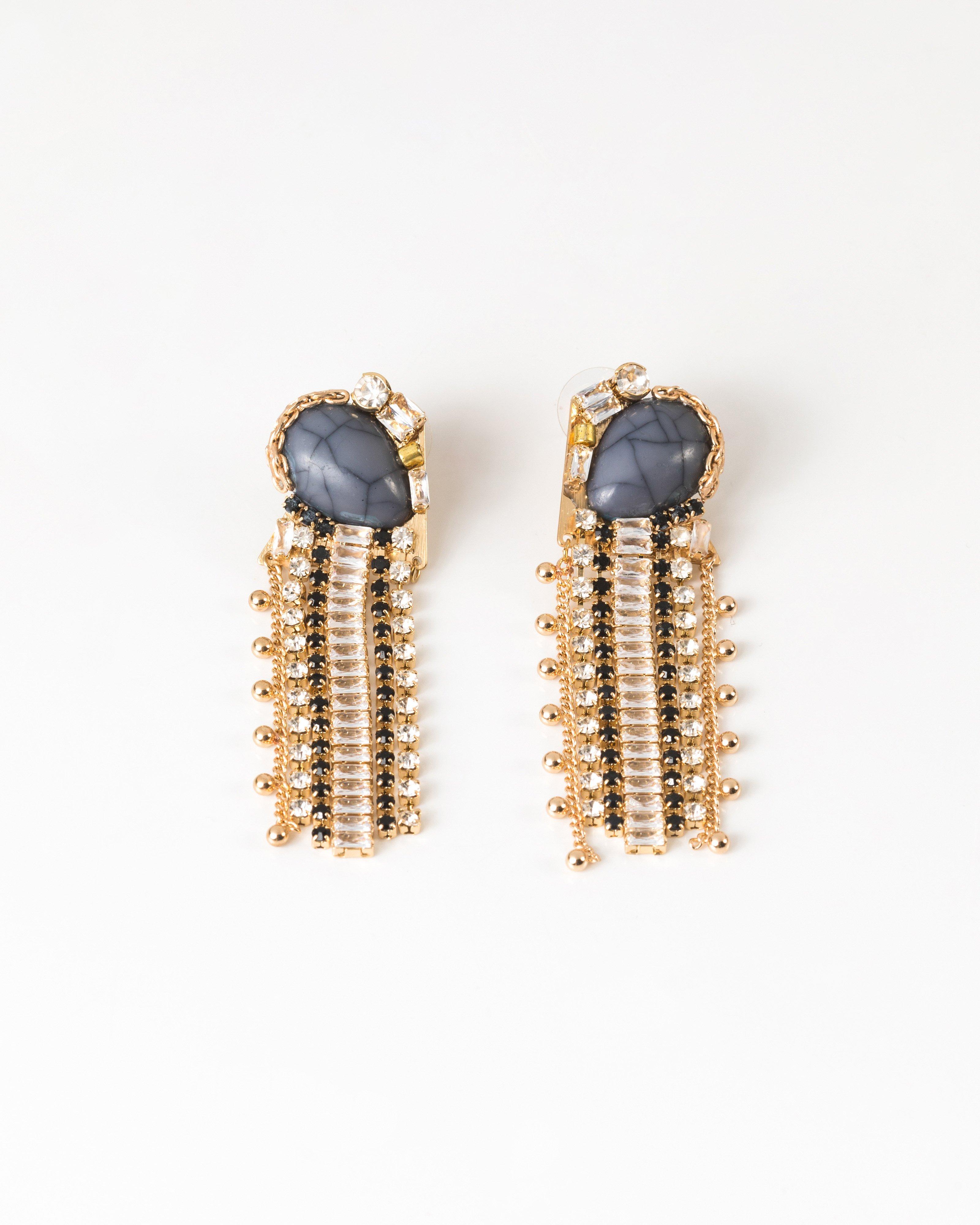 Tassel Diamante Cluster Drop Earrings -  Blue