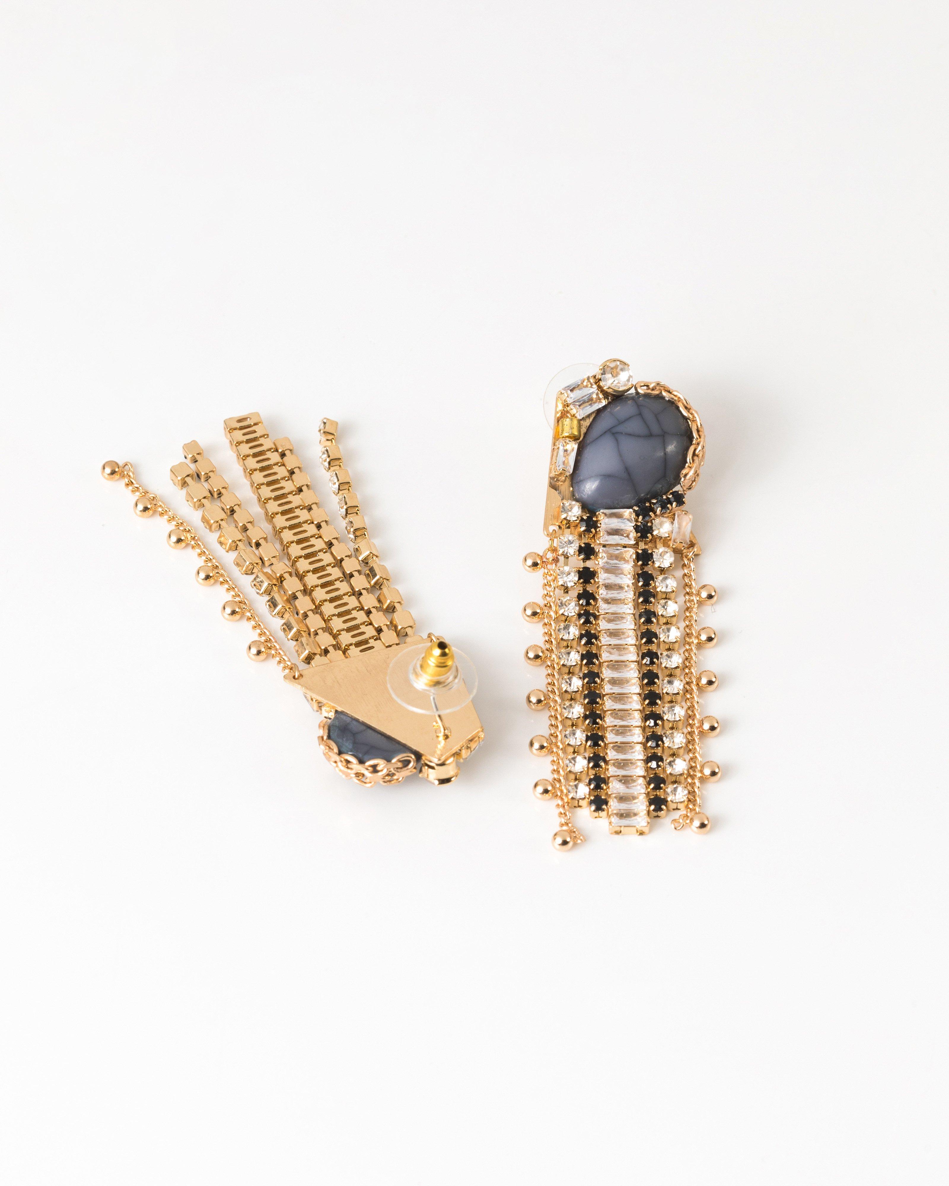 Tassel Diamante Cluster Drop Earrings -  Blue