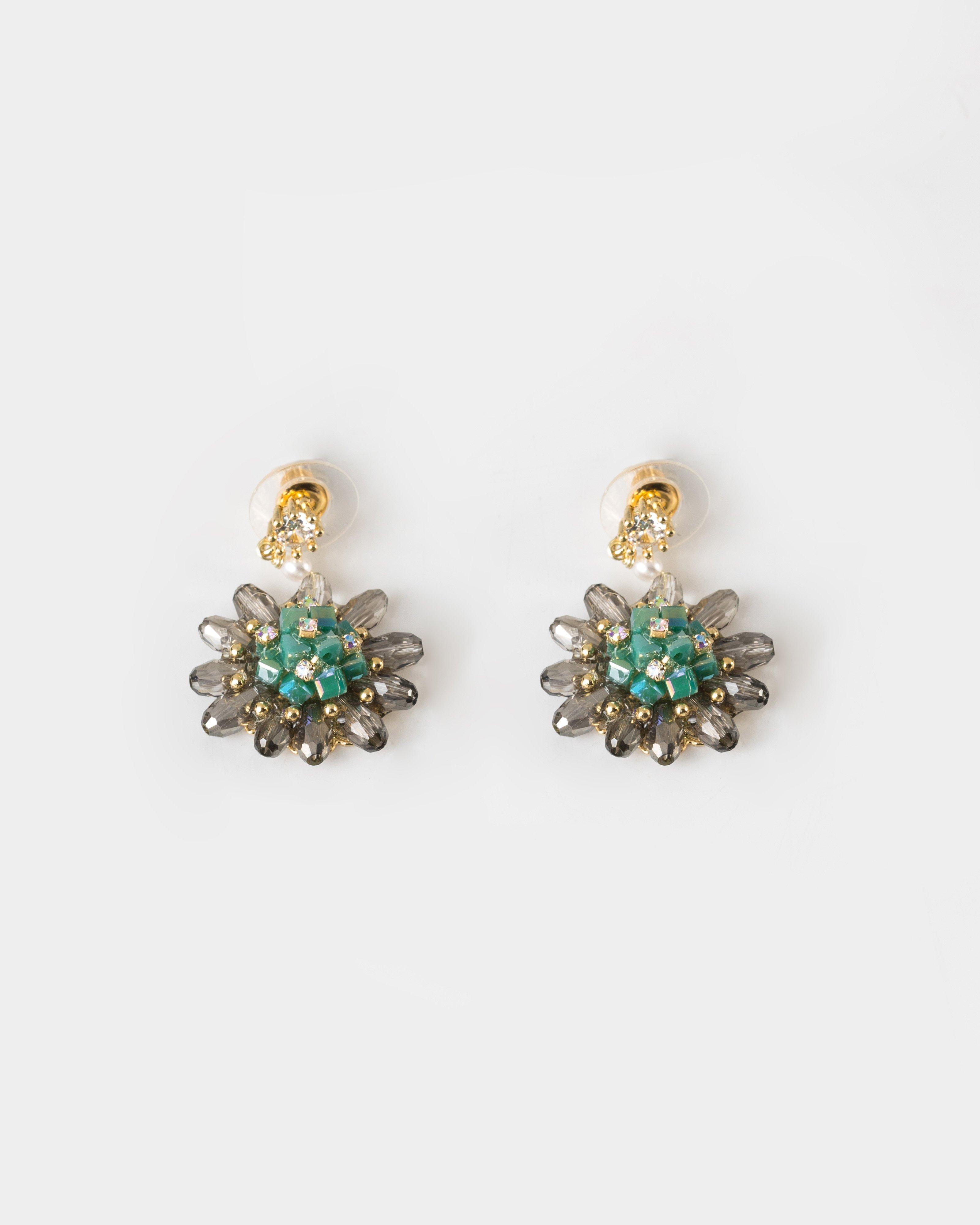 Domed Bead Starburst Drop Earrings -  Green