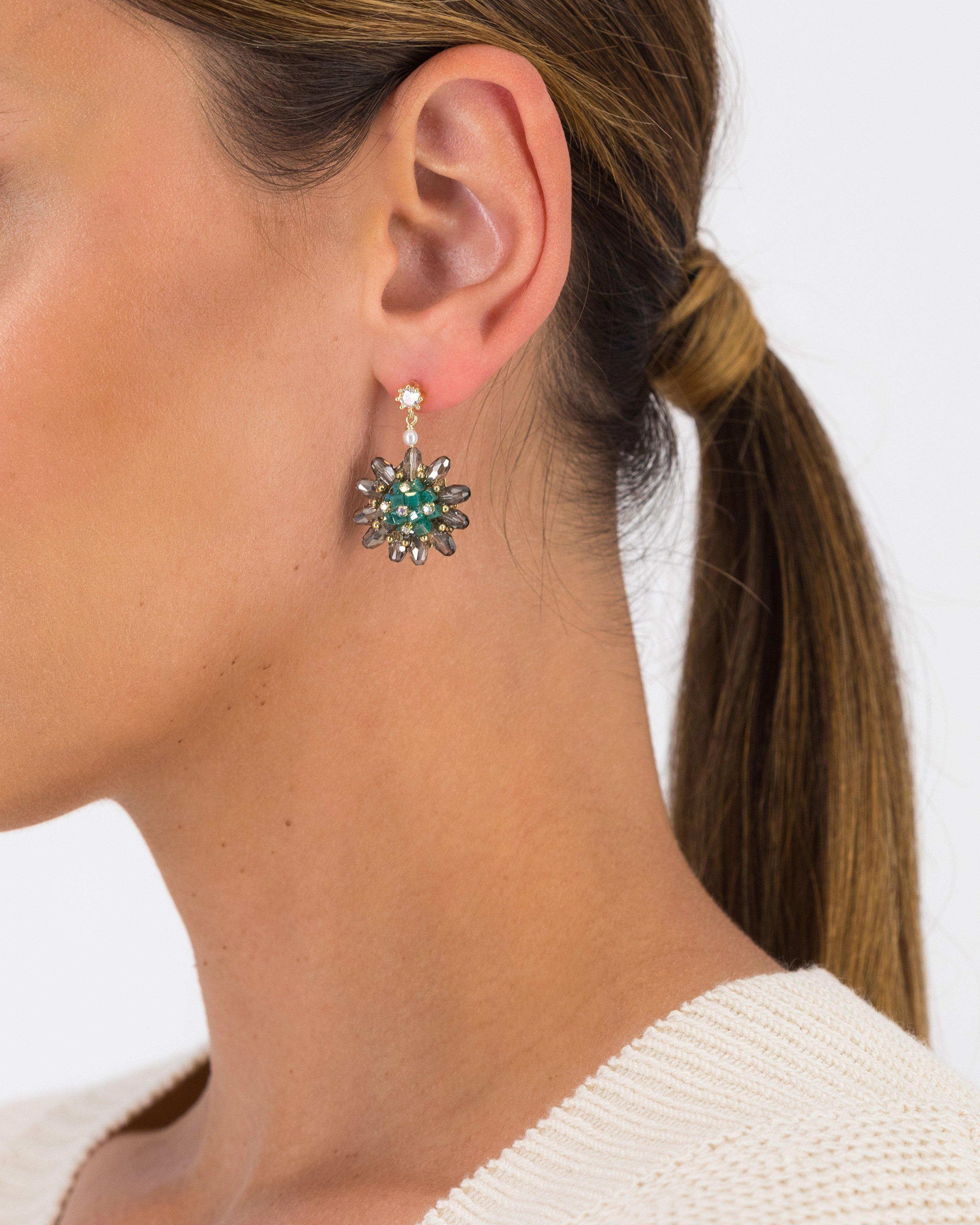 Domed Bead Starburst Drop Earrings -  Green