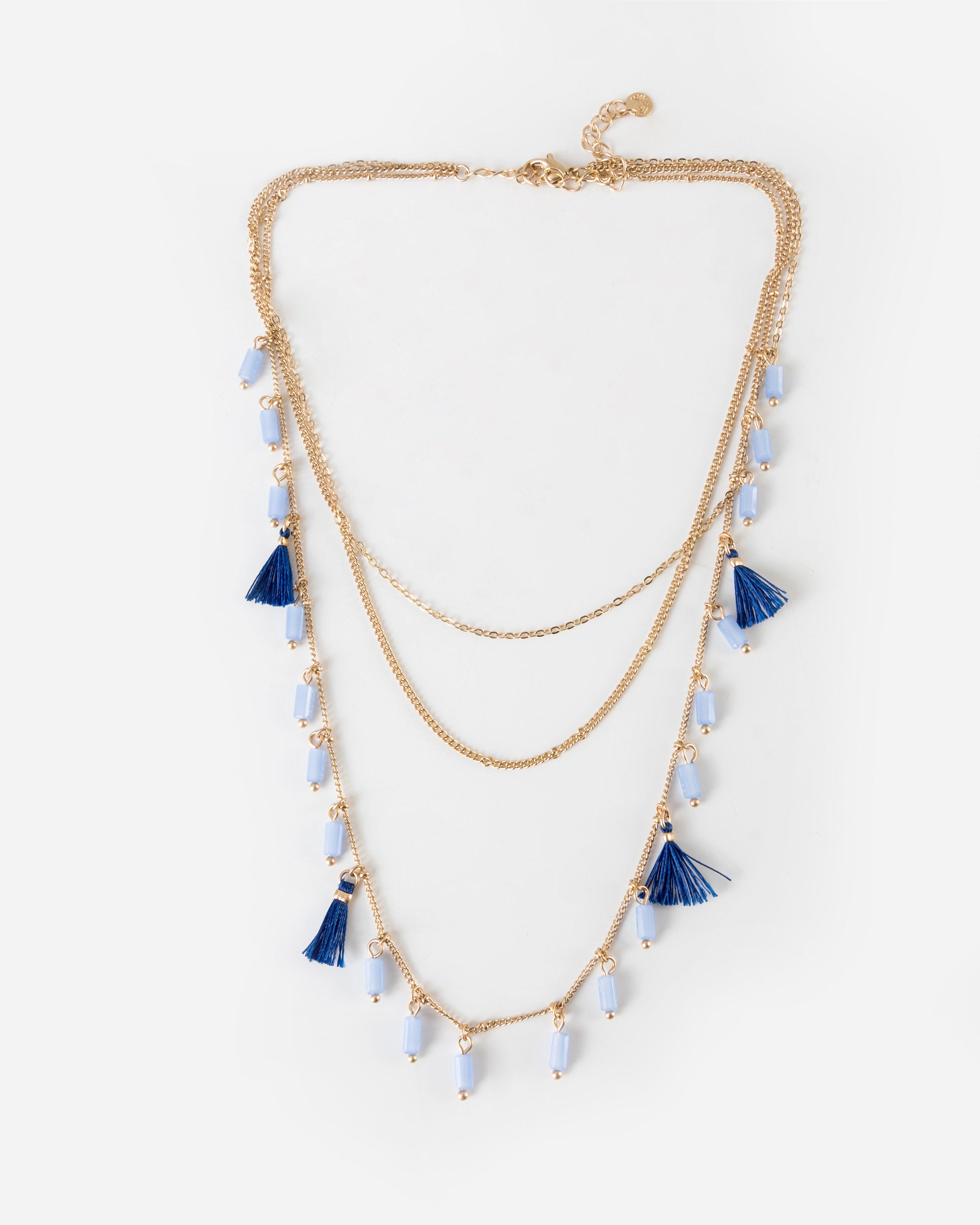 Women's Tassel & Bead Multichain Necklace -  Blue