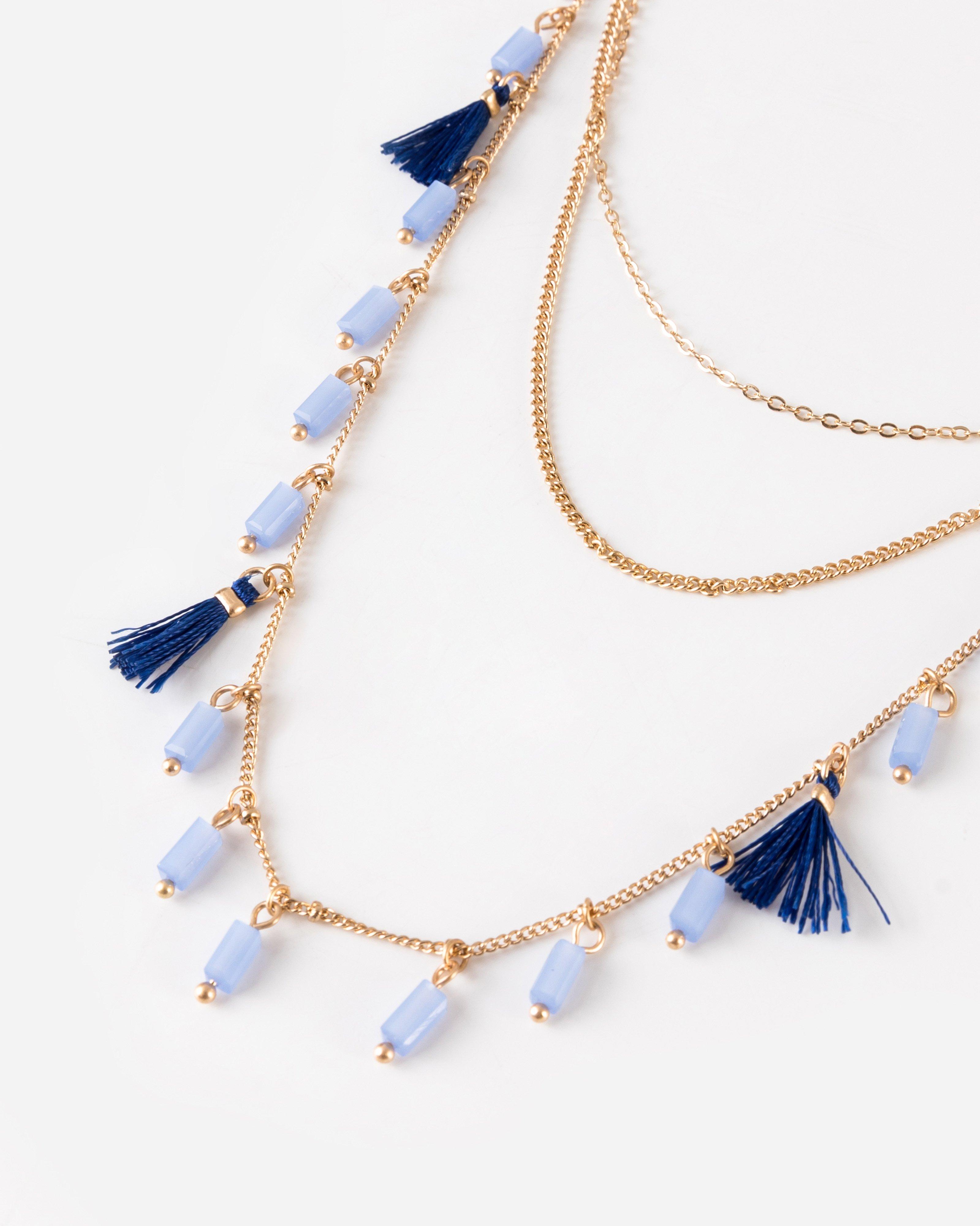 Women's Tassel & Bead Multichain Necklace -  Blue