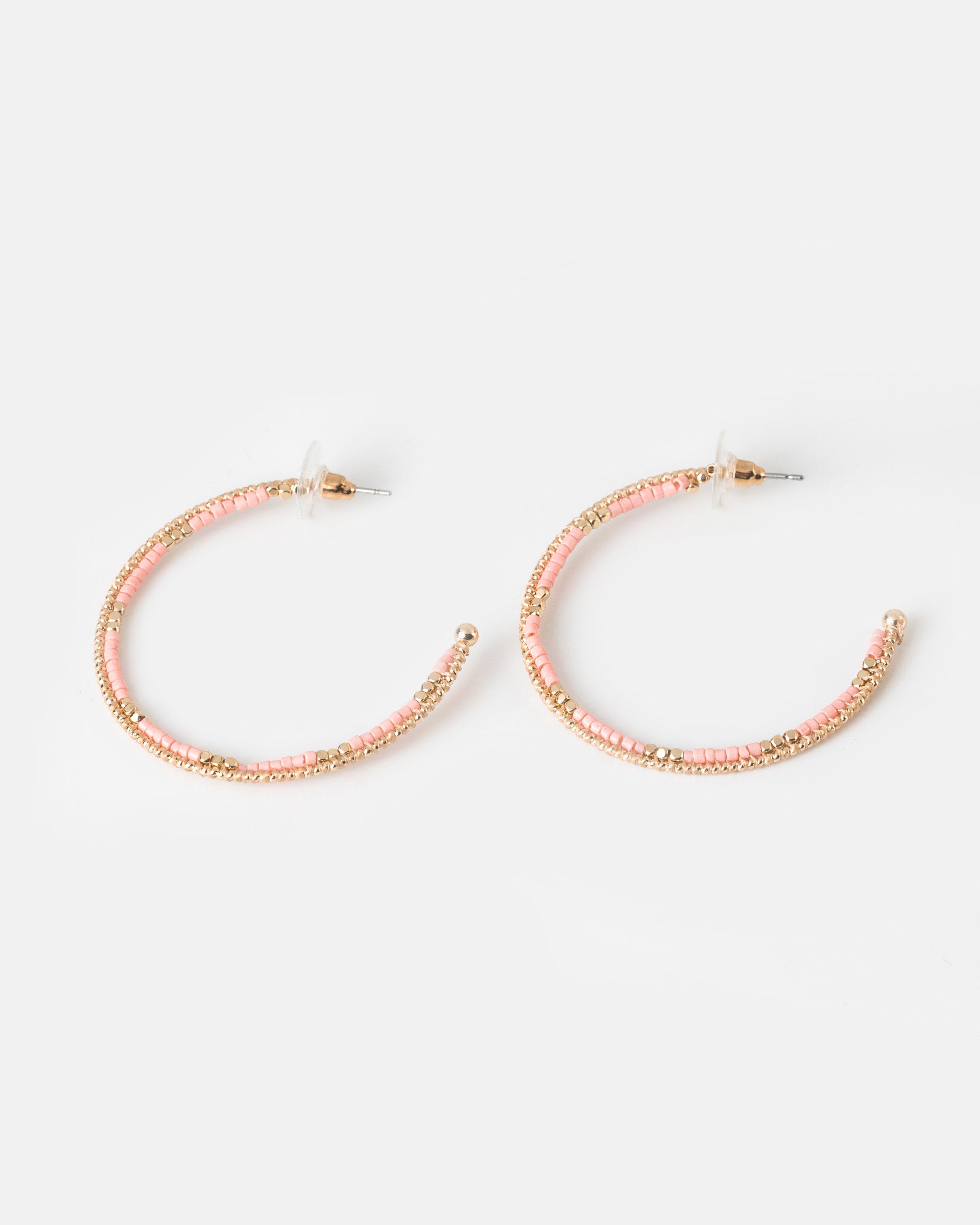 Women's Thread & Bead Hoop Earrings -  Pink