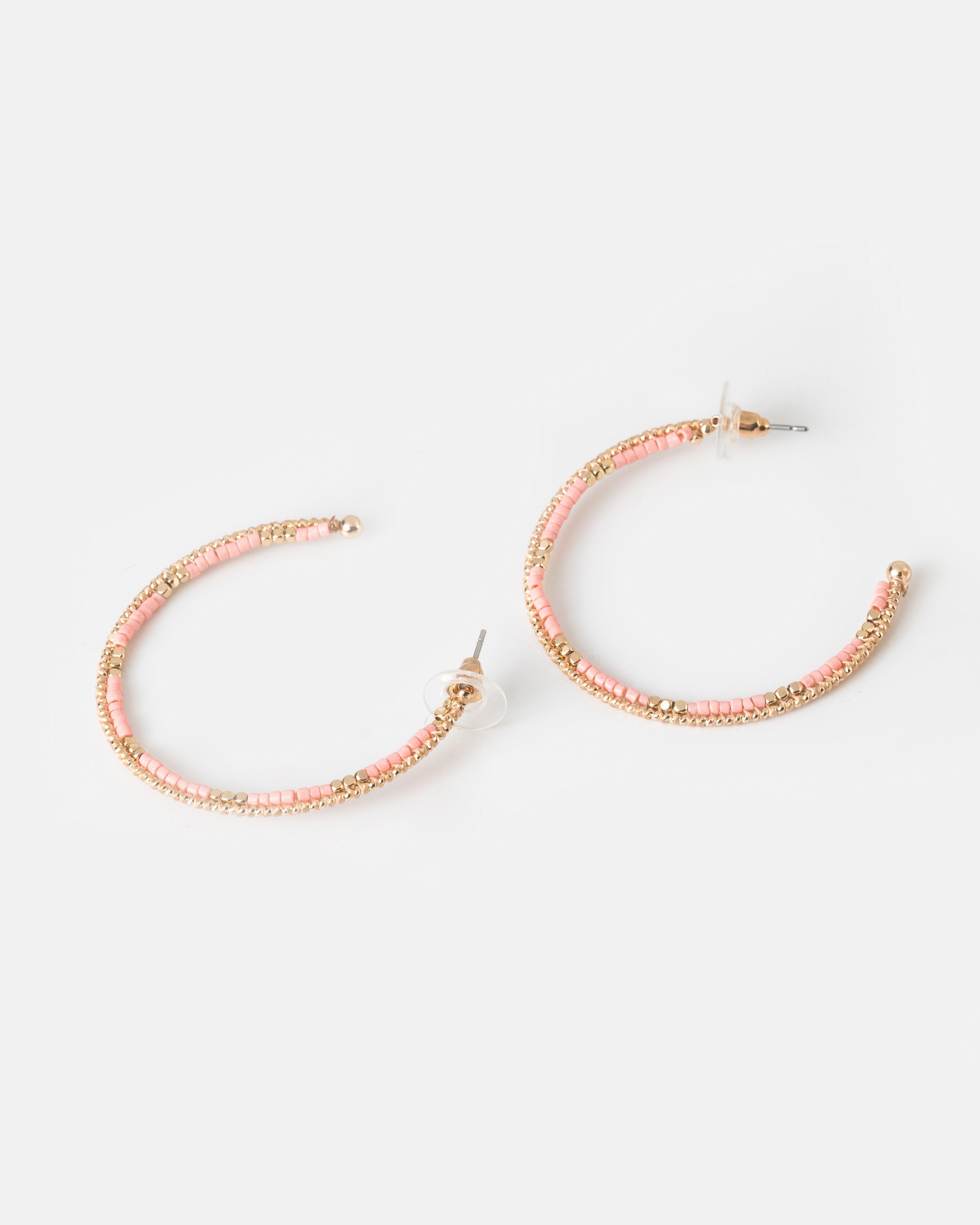 Women's Thread & Bead Hoop Earrings -  Pink