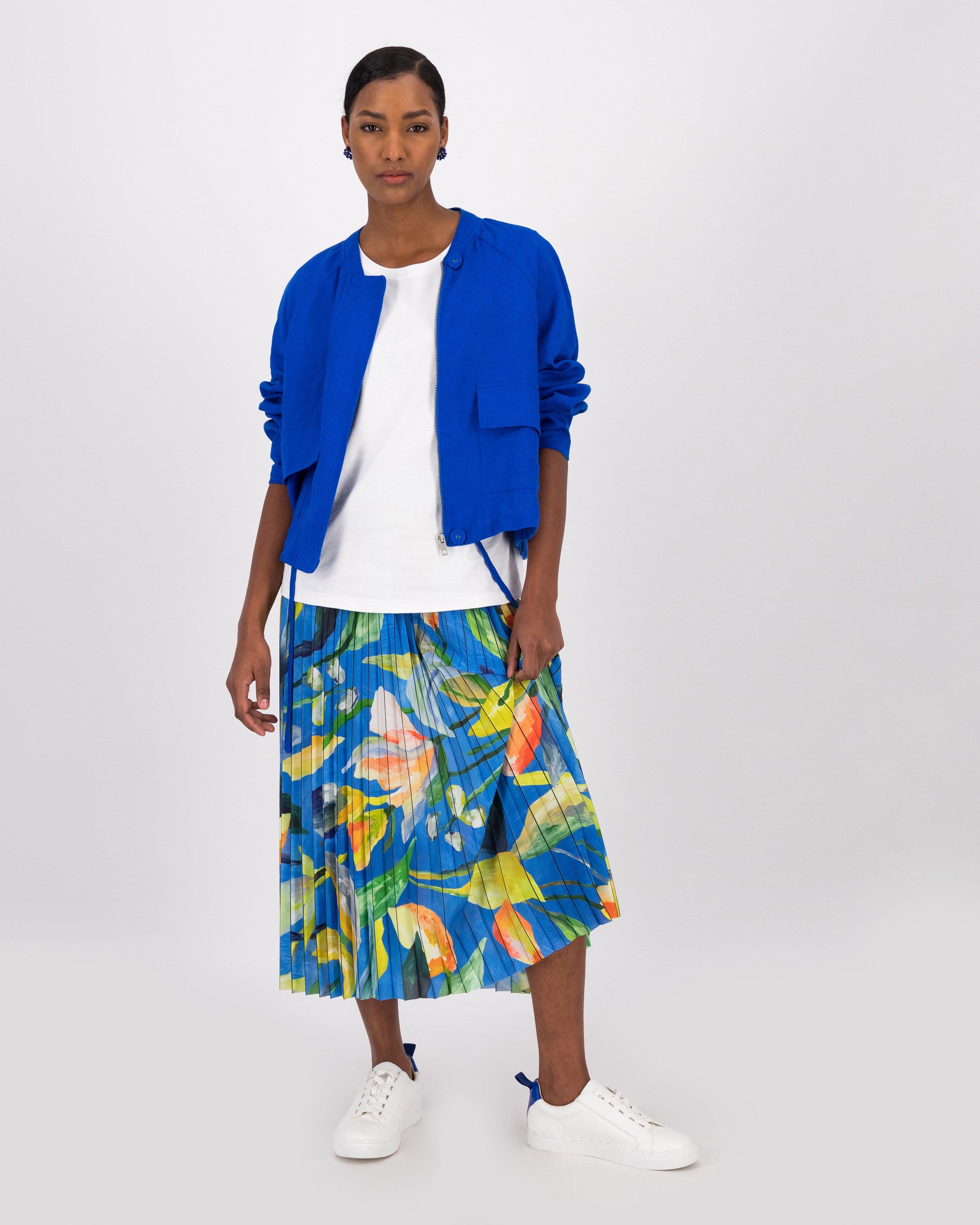 Blue and yellow outlet pleated skirt