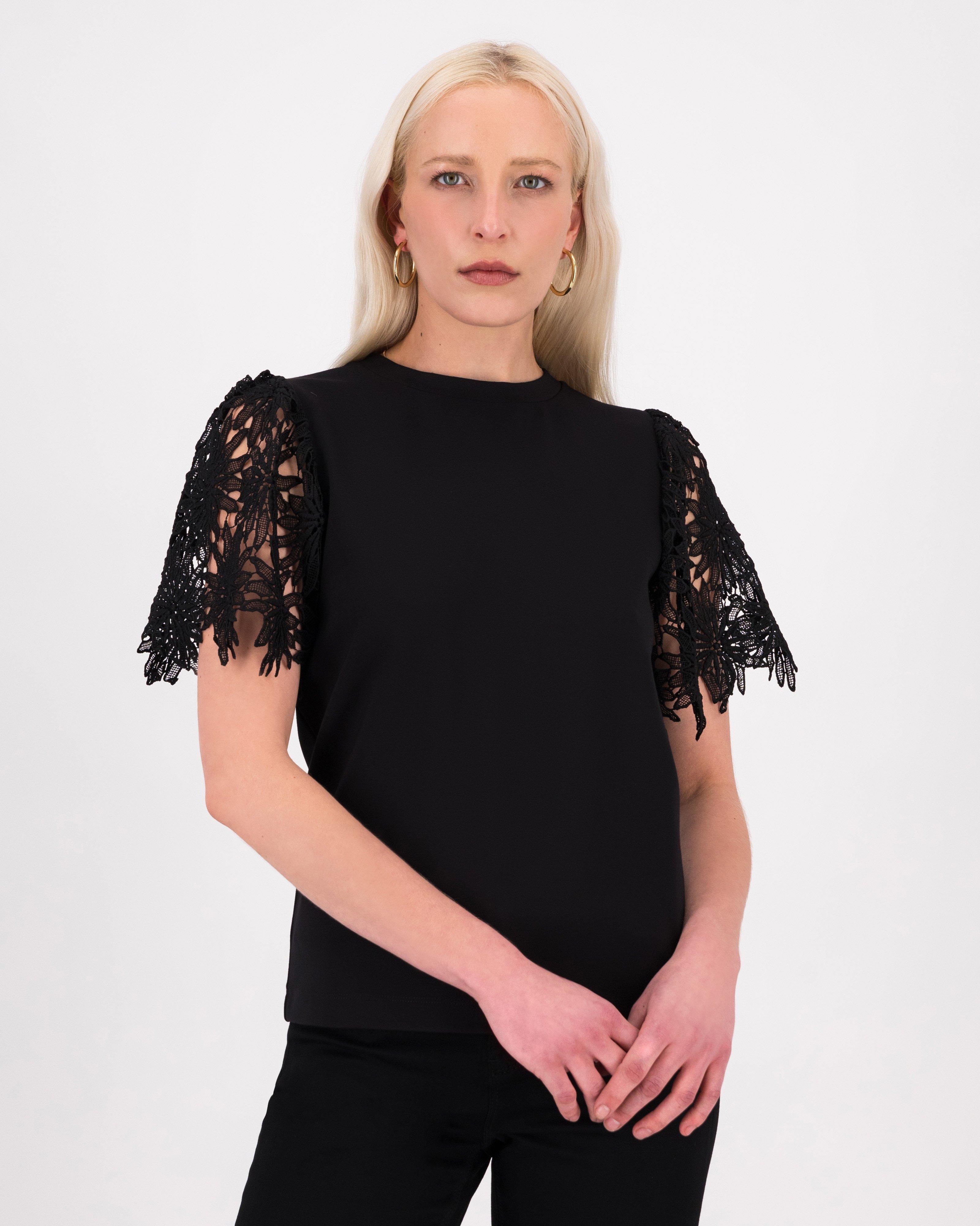 Alta Anglaise Mixed-Media Top -  Black