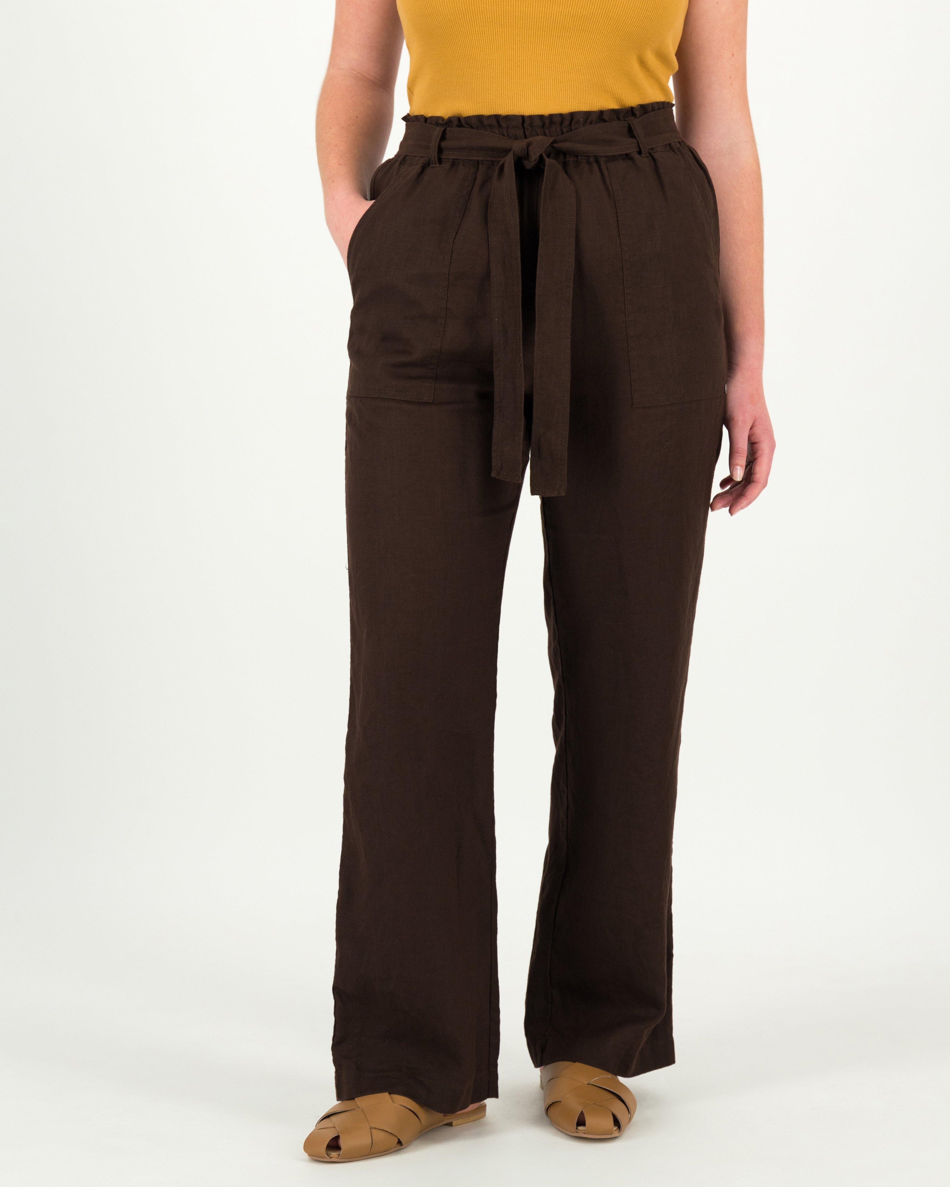 Paper Bag High-Waisted Linen Pants - with Elastic Waist and Belt