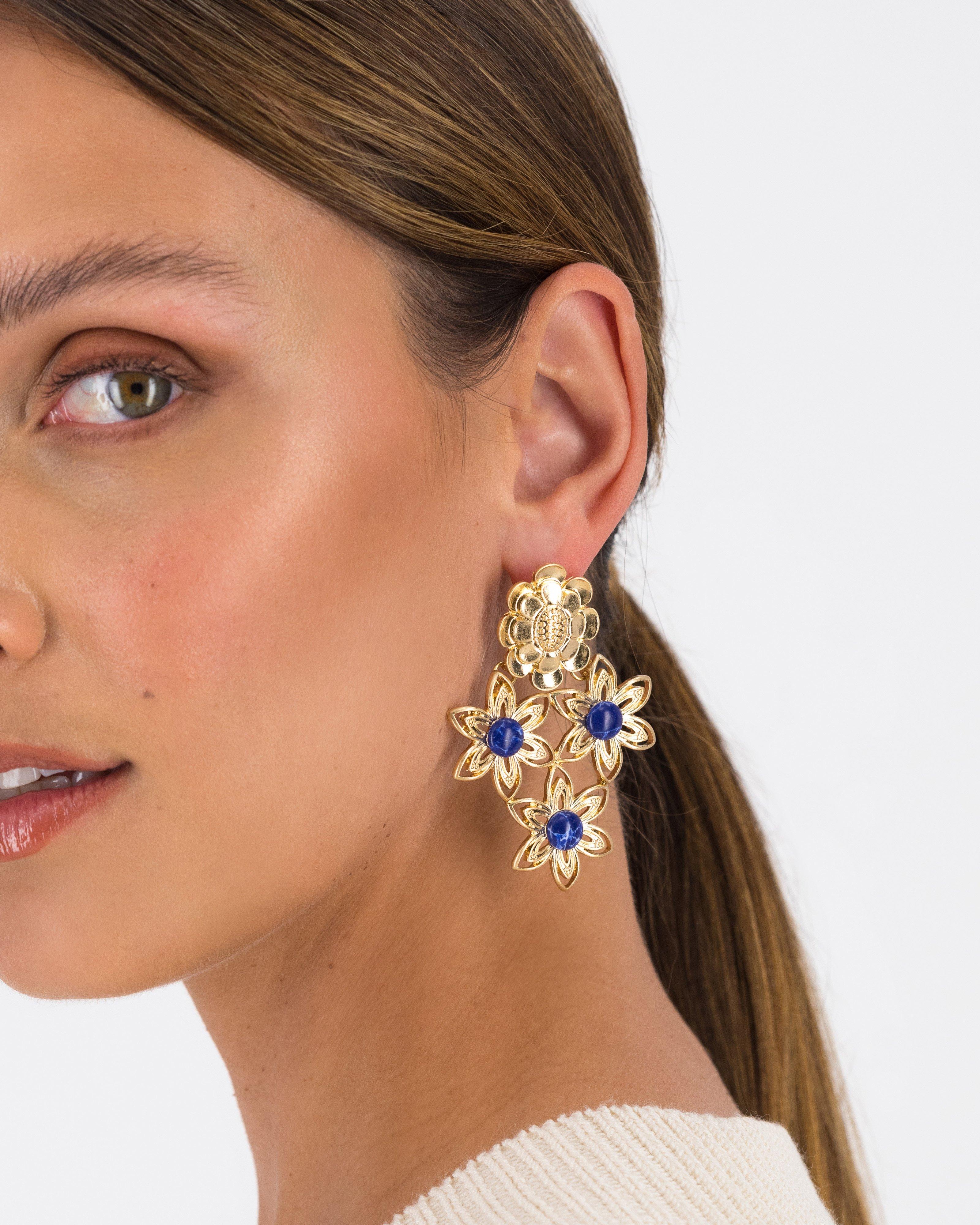 Vintage Floral Cutout Stone Earrings -  Blue