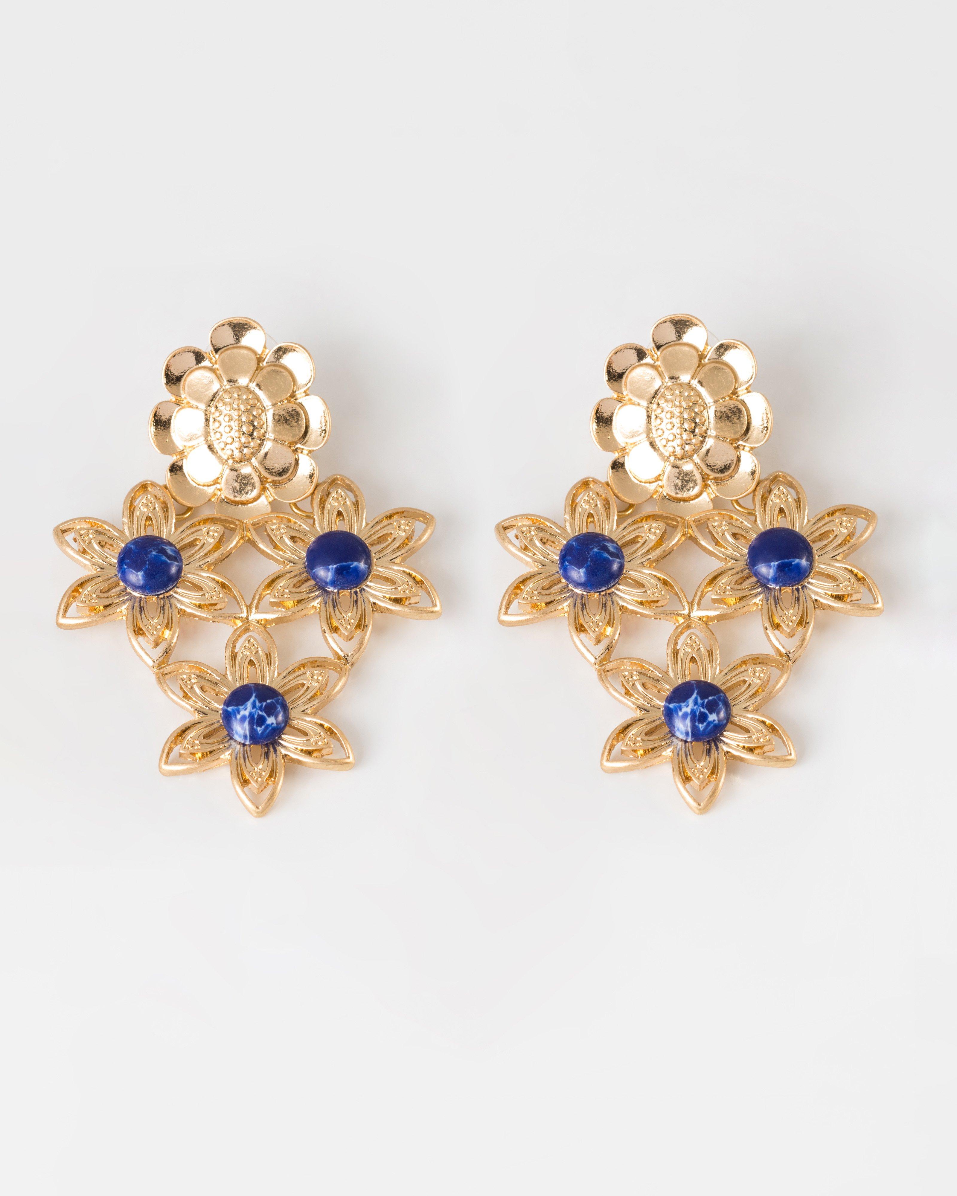 Vintage Floral Cutout Stone Earrings -  Blue