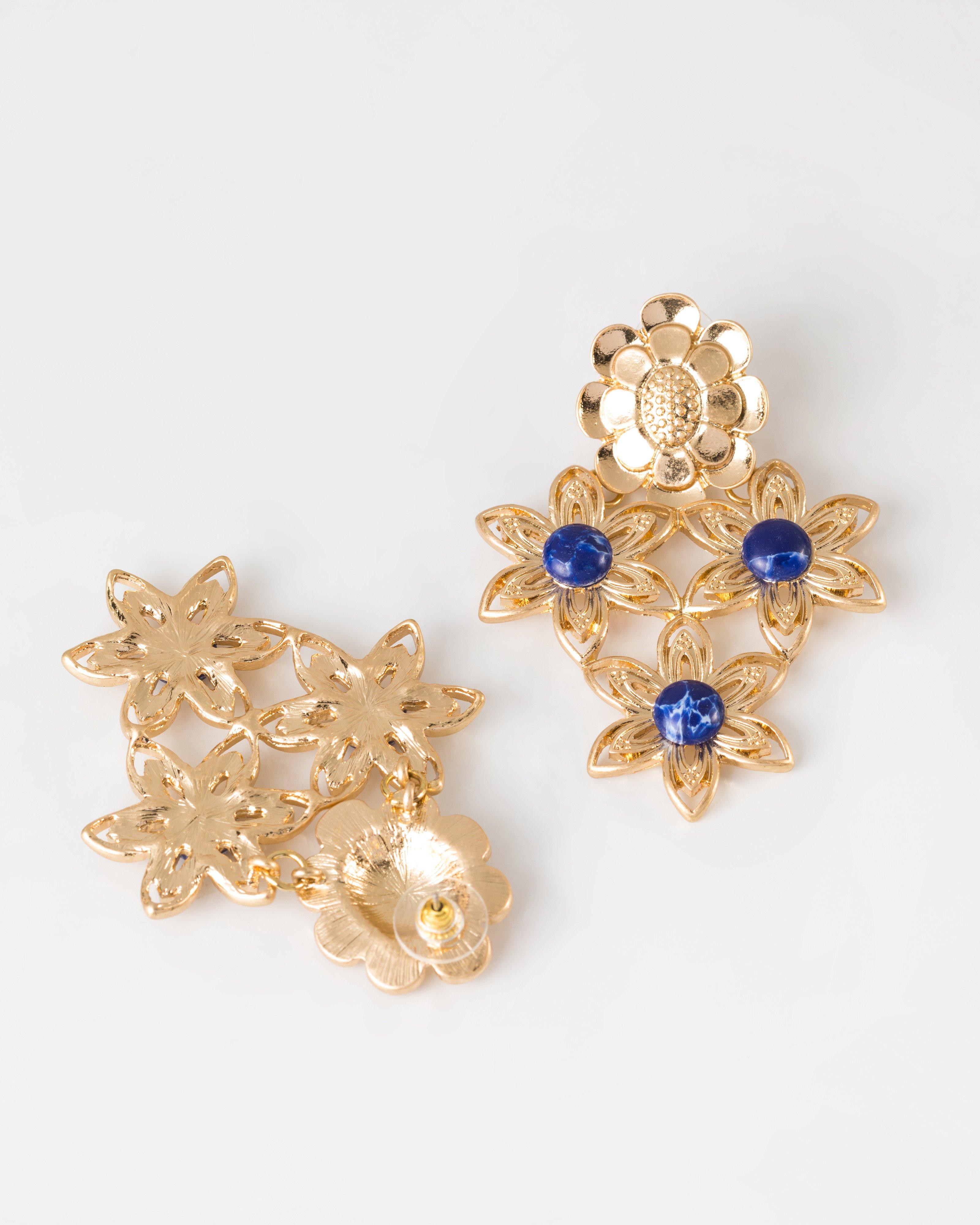 Vintage Floral Cutout Stone Earrings -  Blue