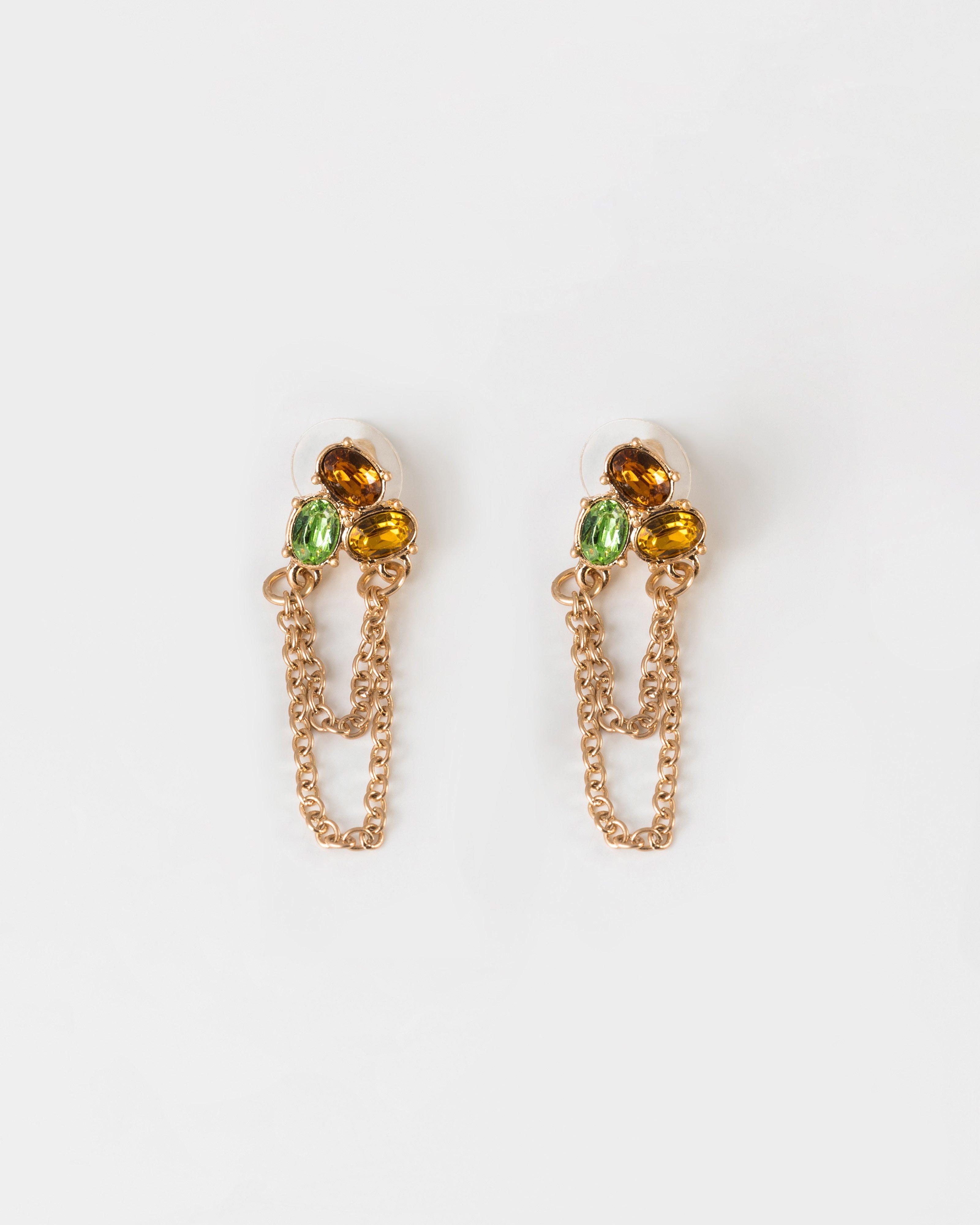 Stone Stud & Chain Drop Earrings -  Yellow