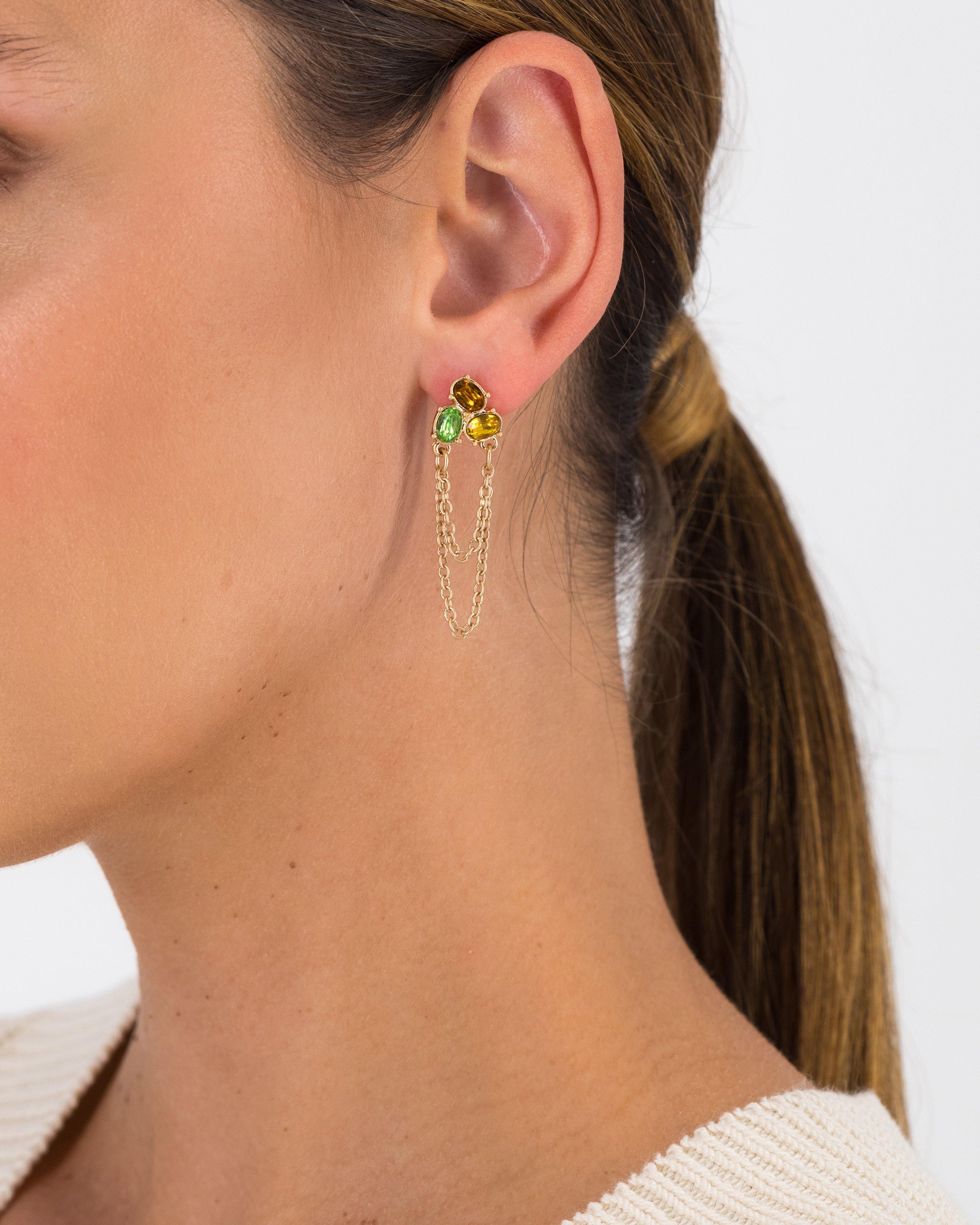 Stone Stud & Chain Drop Earrings -  Yellow