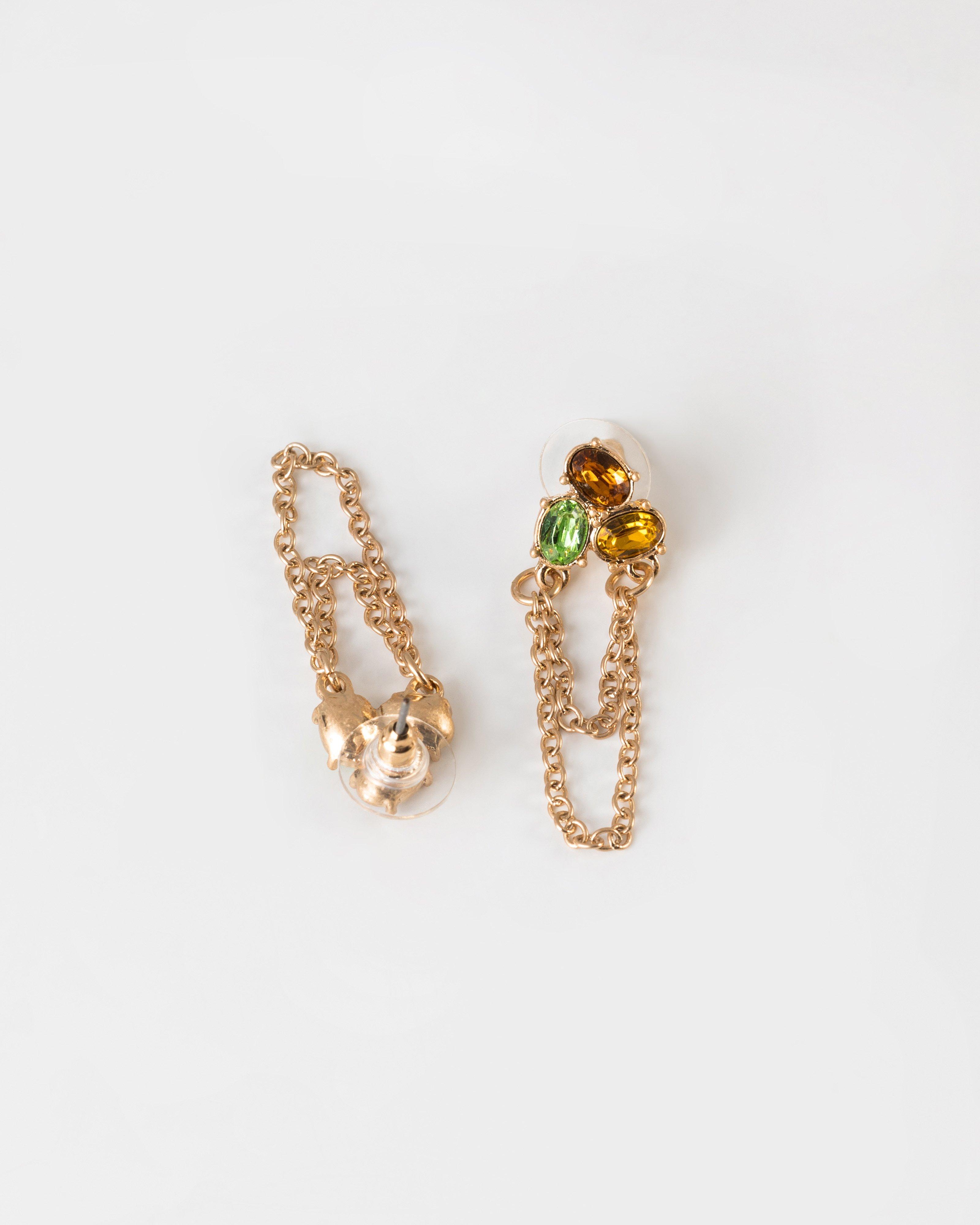 Stone Stud & Chain Drop Earrings -  Yellow