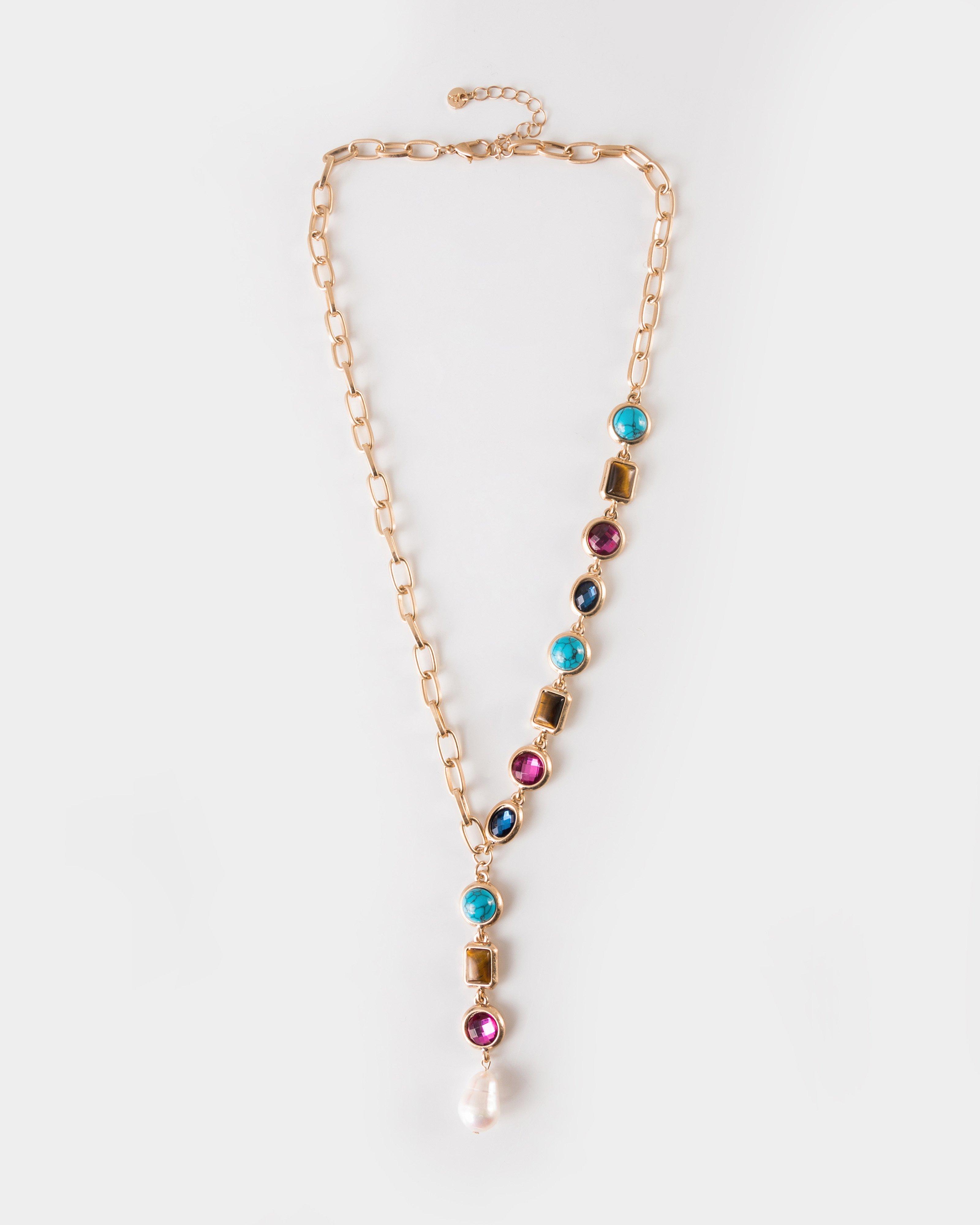 Rainbow Bezel Colour Stones & Pearl Lariat Necklace -  Assorted