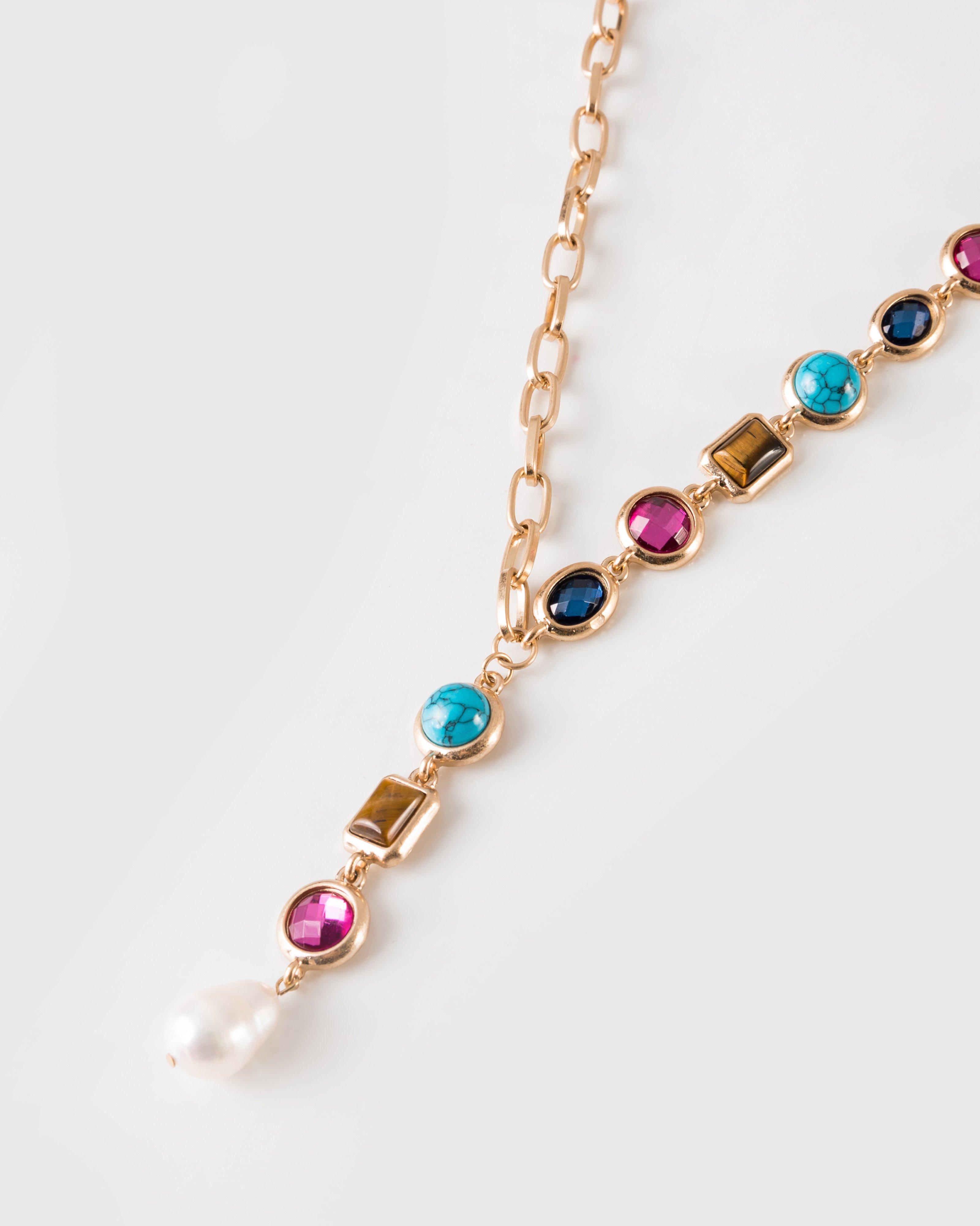 Rainbow Bezel Colour Stones & Pearl Lariat Necklace -  Assorted