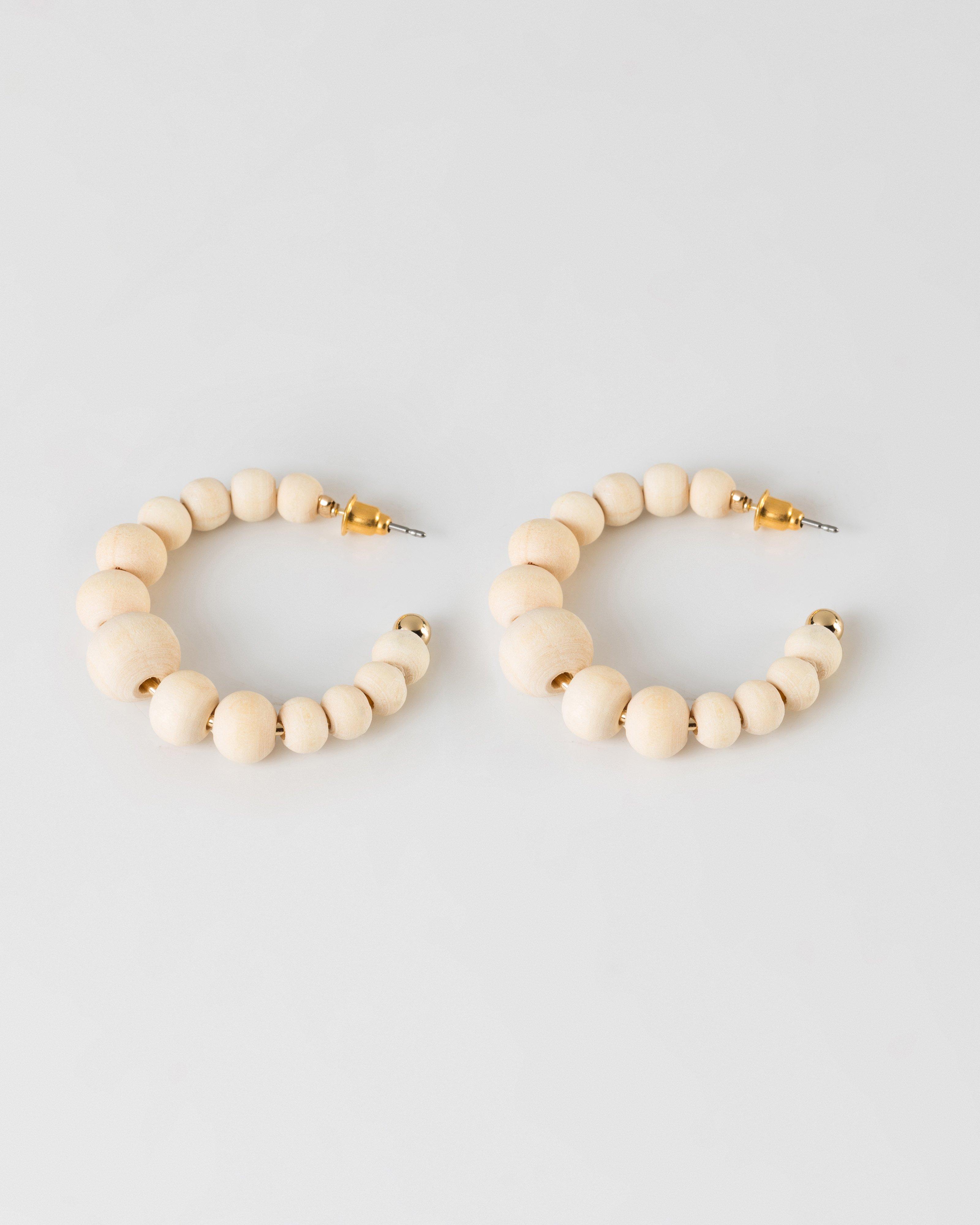 Wooden Ball Hoop Earrings -  Milk