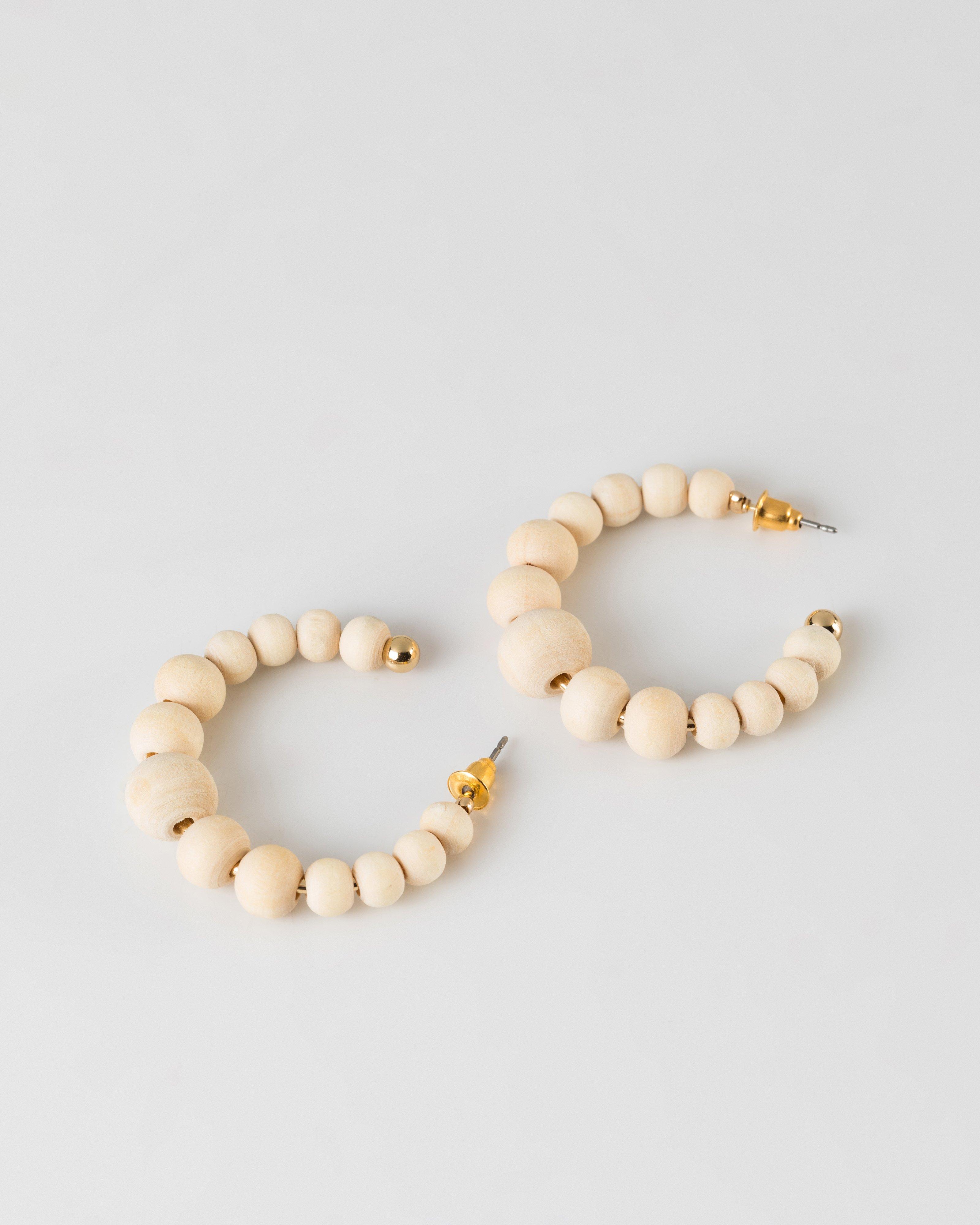 Wooden Ball Hoop Earrings -  Milk