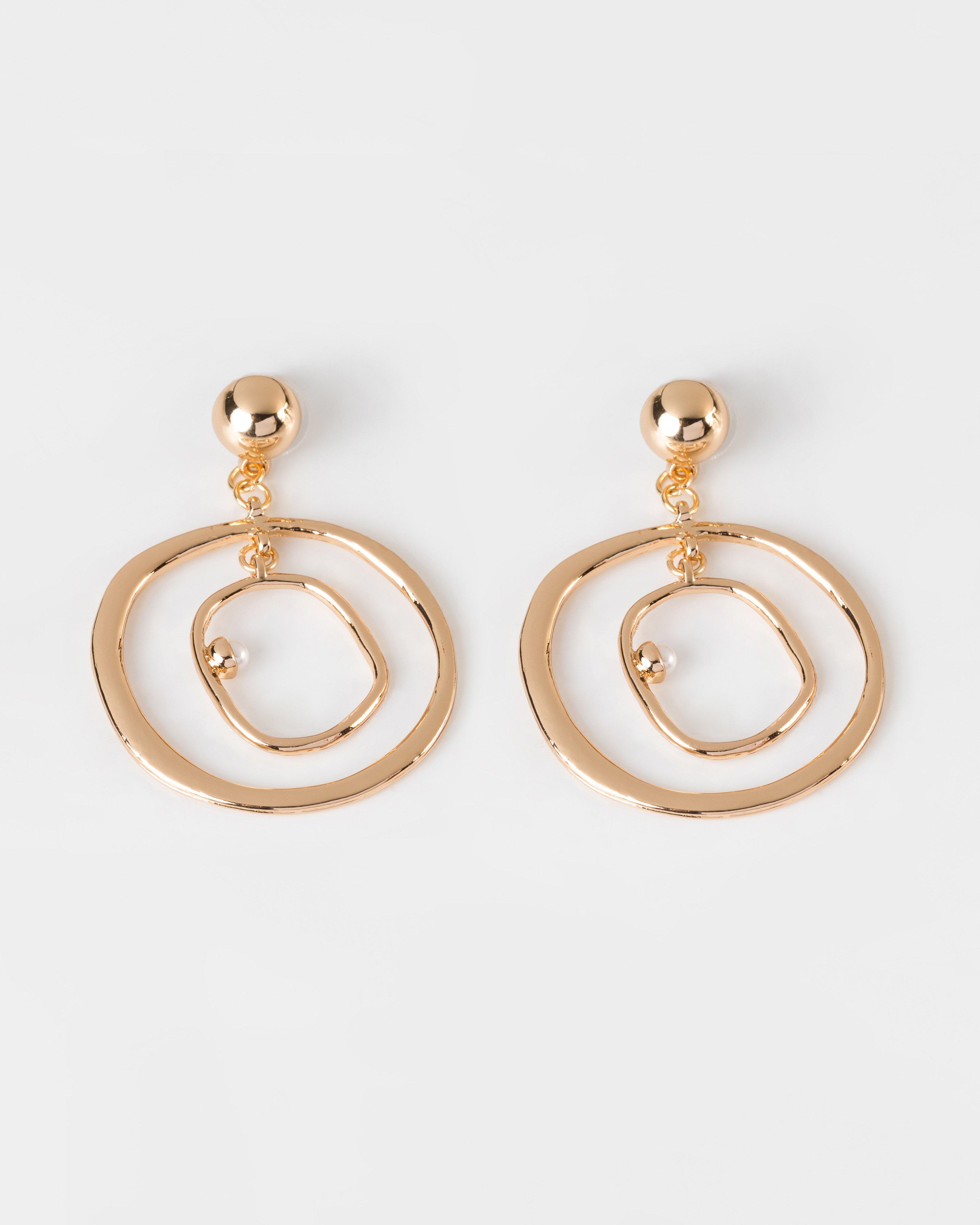 Double Circle & Pearl Drop Earrings -  Gold