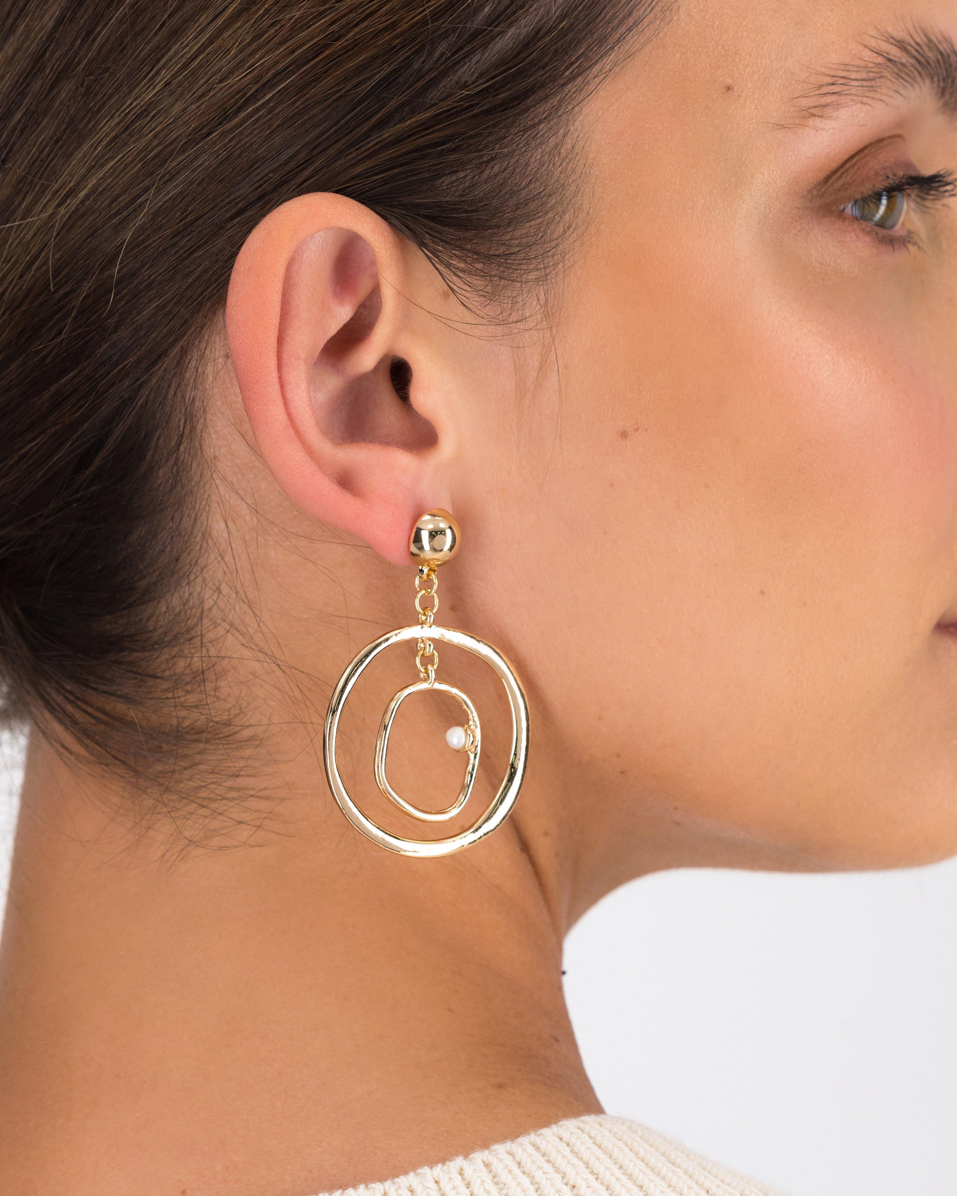 Double Circle & Pearl Drop Earrings -  Gold