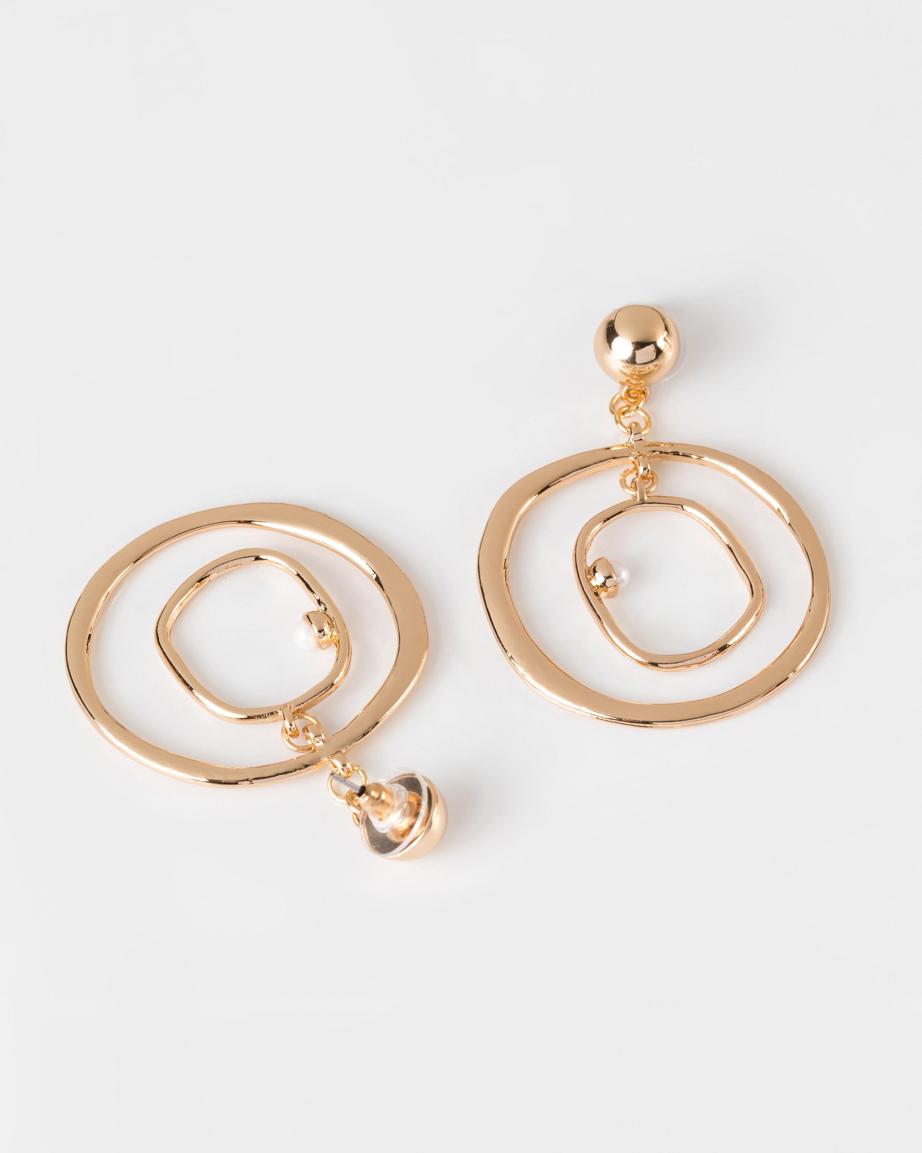 Double Circle & Pearl Drop Earrings -  Gold