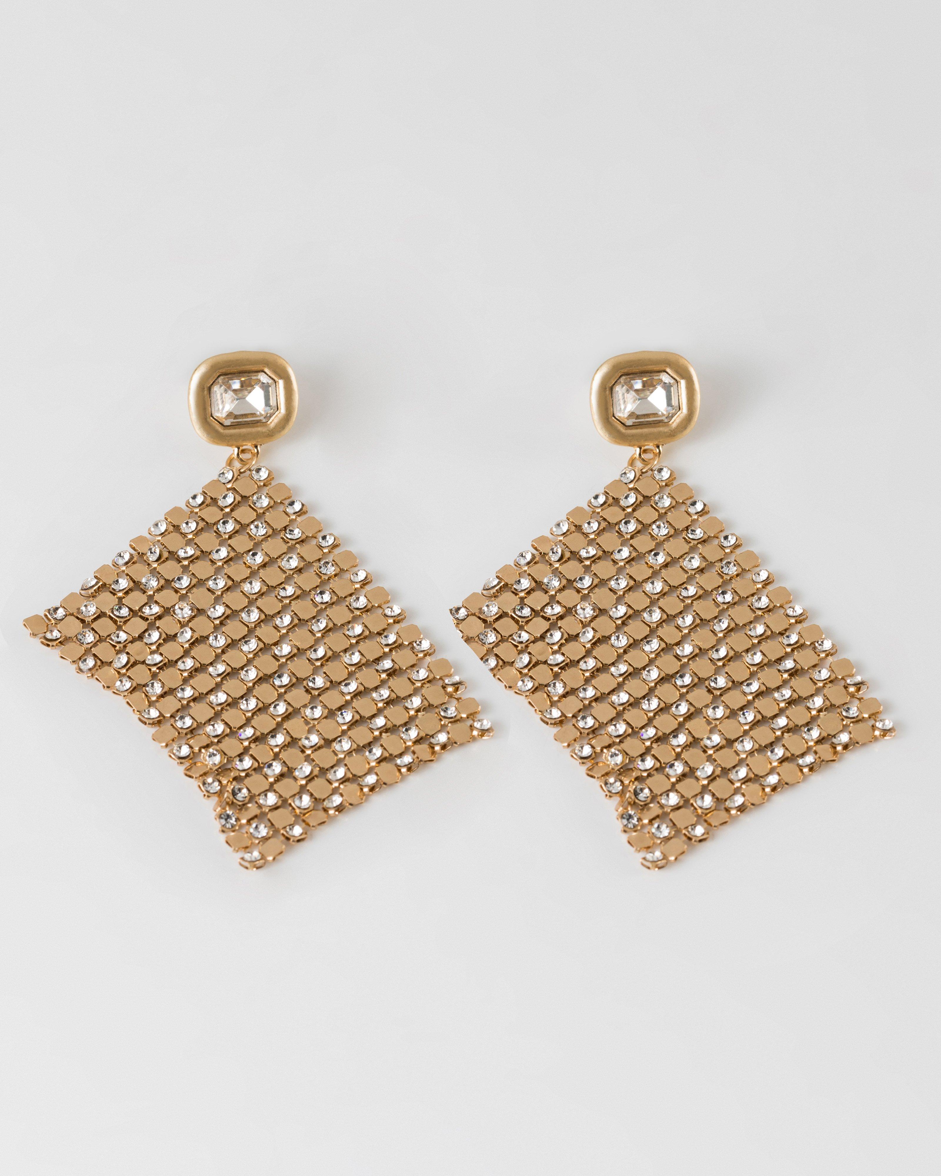 Crystal & Chainmail Metal Statement Earrings -  Gold