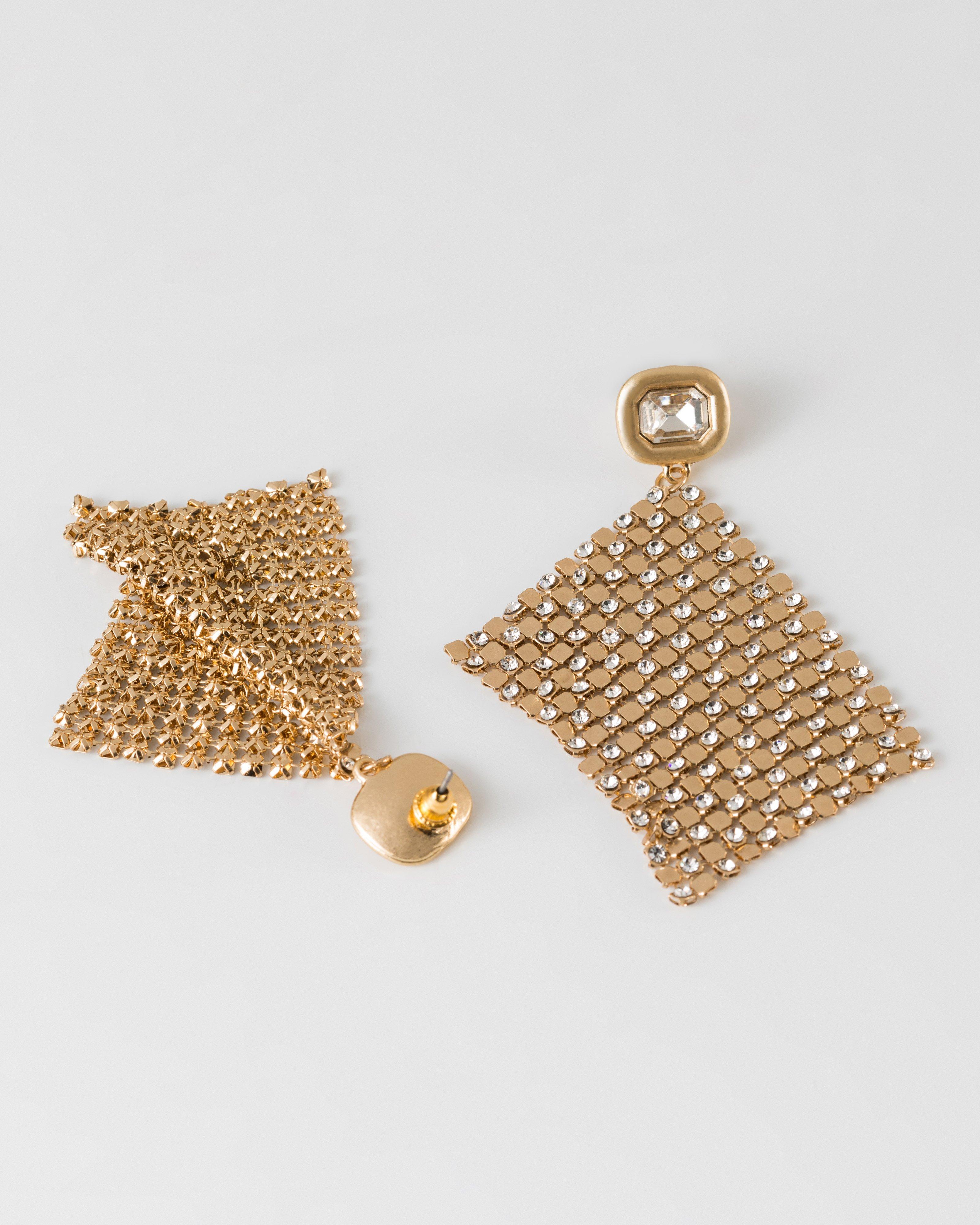 Crystal & Chainmail Metal Statement Earrings -  Gold