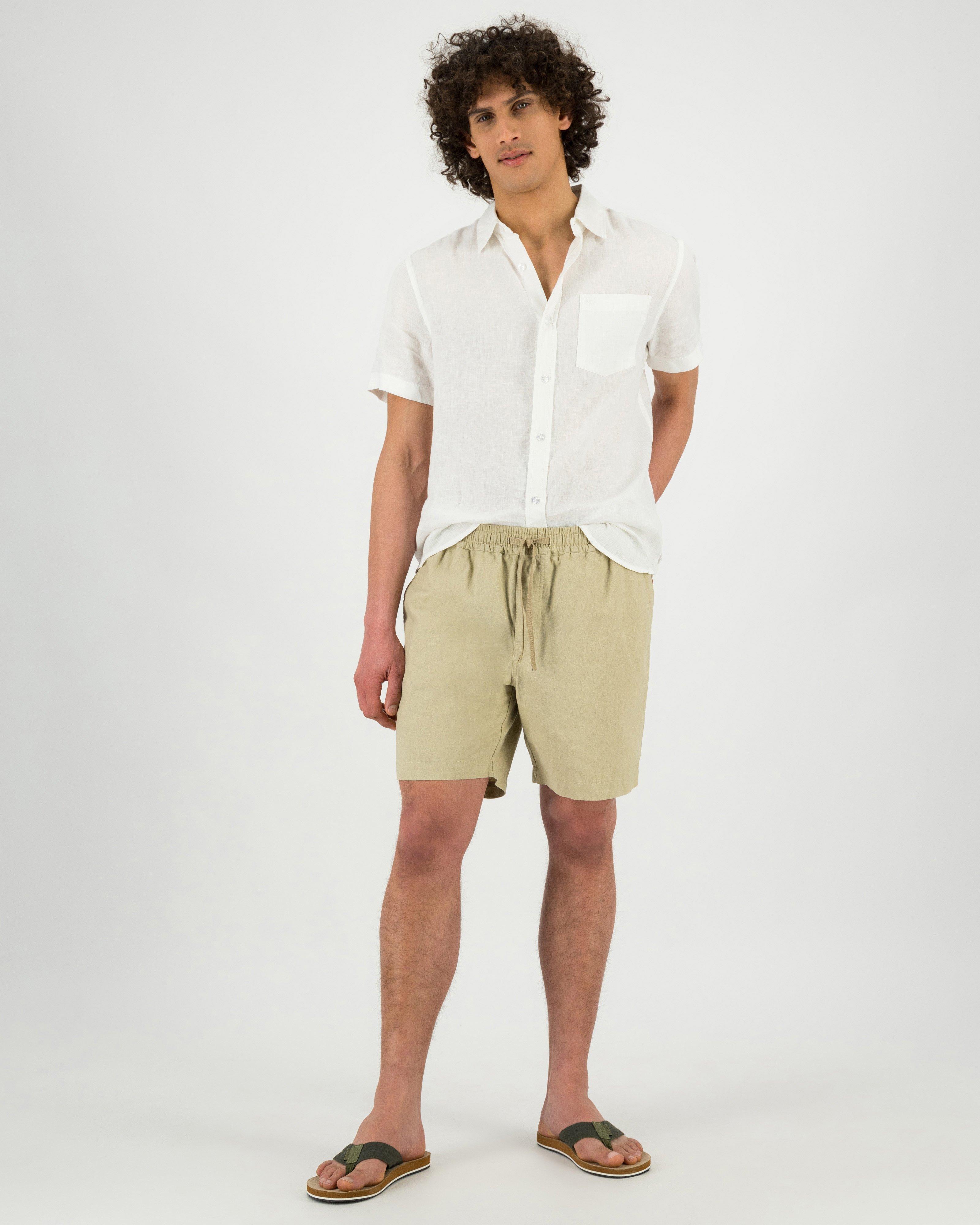 Men's Organic Cotton Studios Linen Turn Up Shorts in Stone