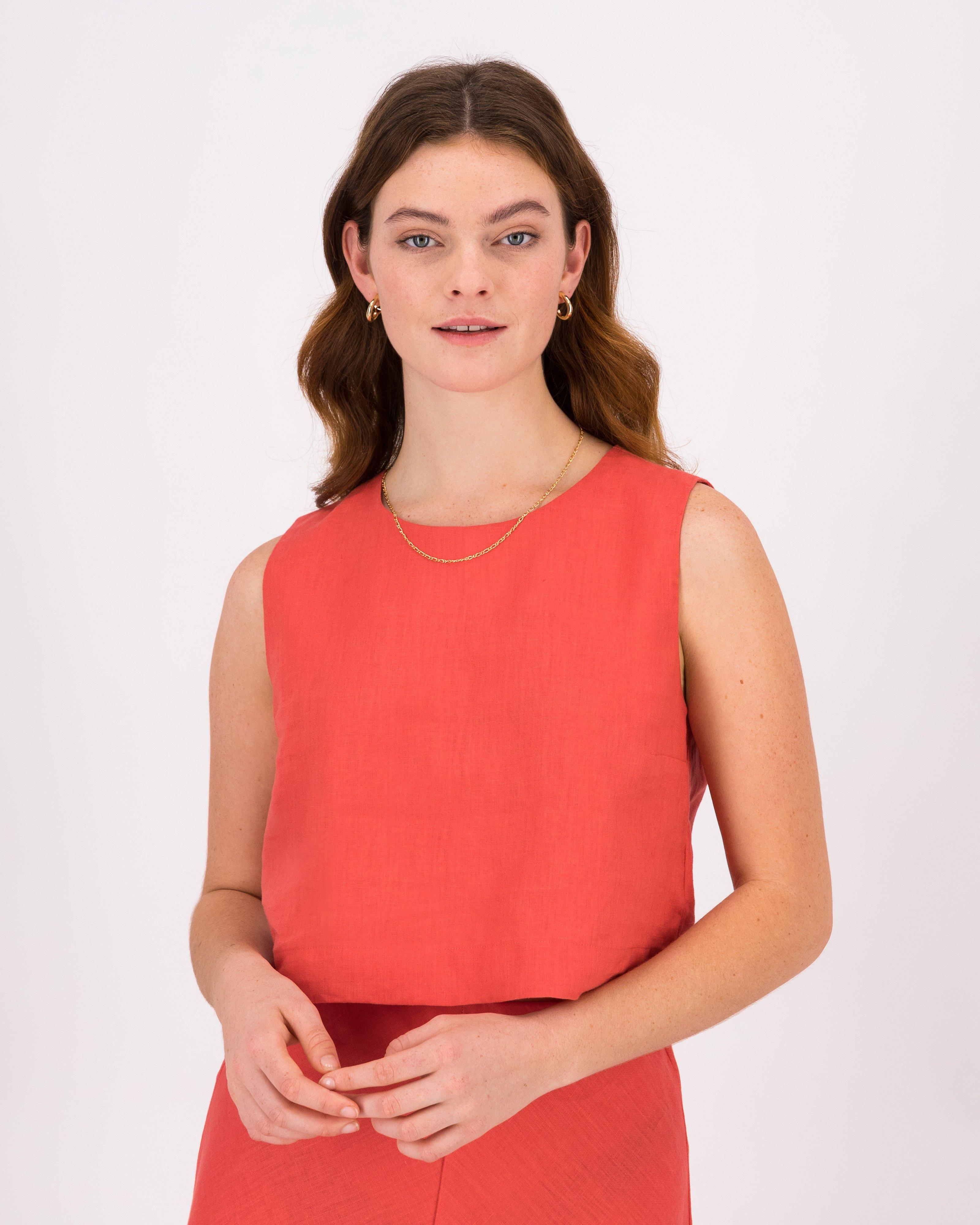 Flora Linen Popover Top -  Coral