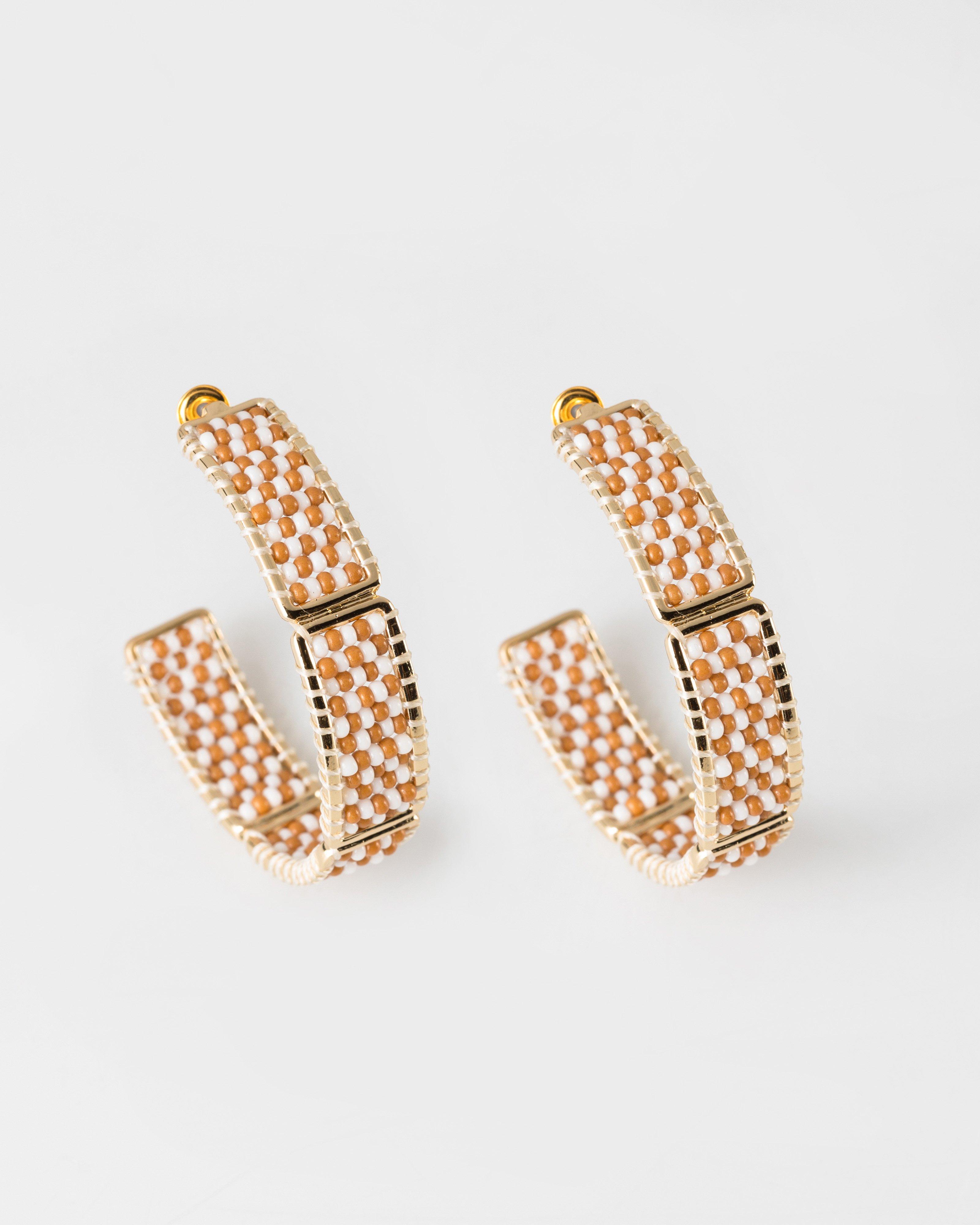 Open Hoop & Beaded Panel Earrings -  Brown