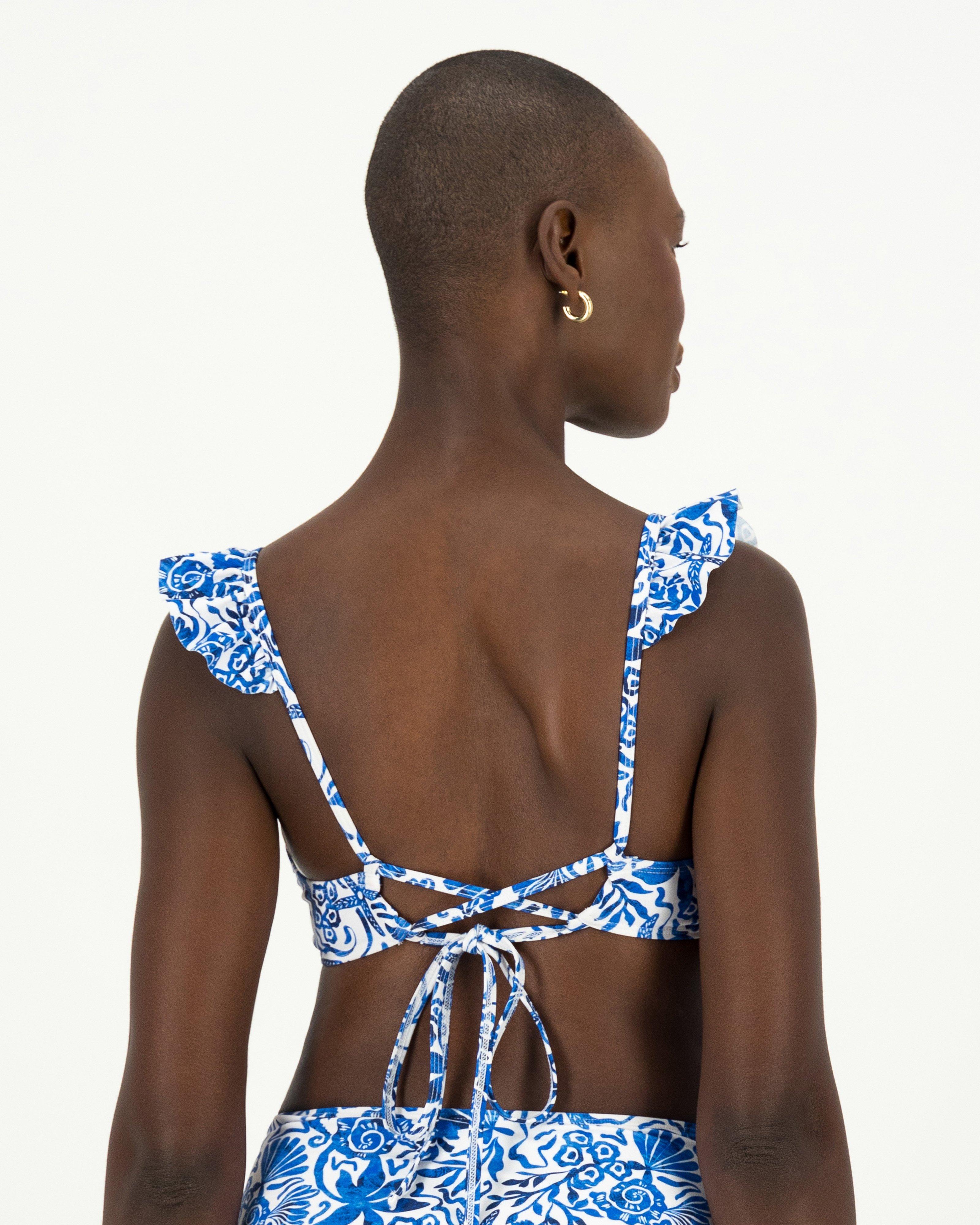 Rina Printed Ruffle Bikini Top -  Blue