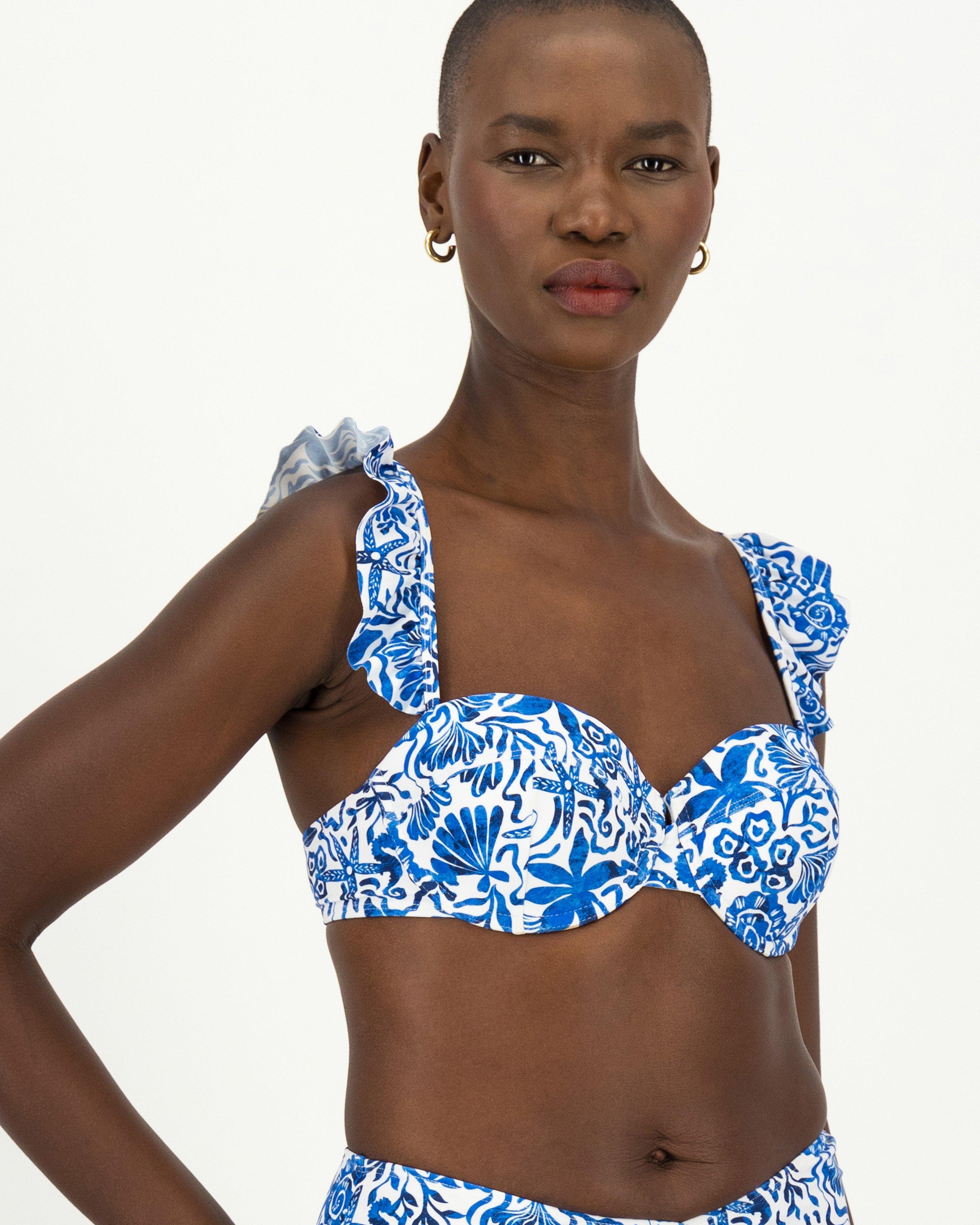 Rina Printed Ruffle Bikini Top -  Blue