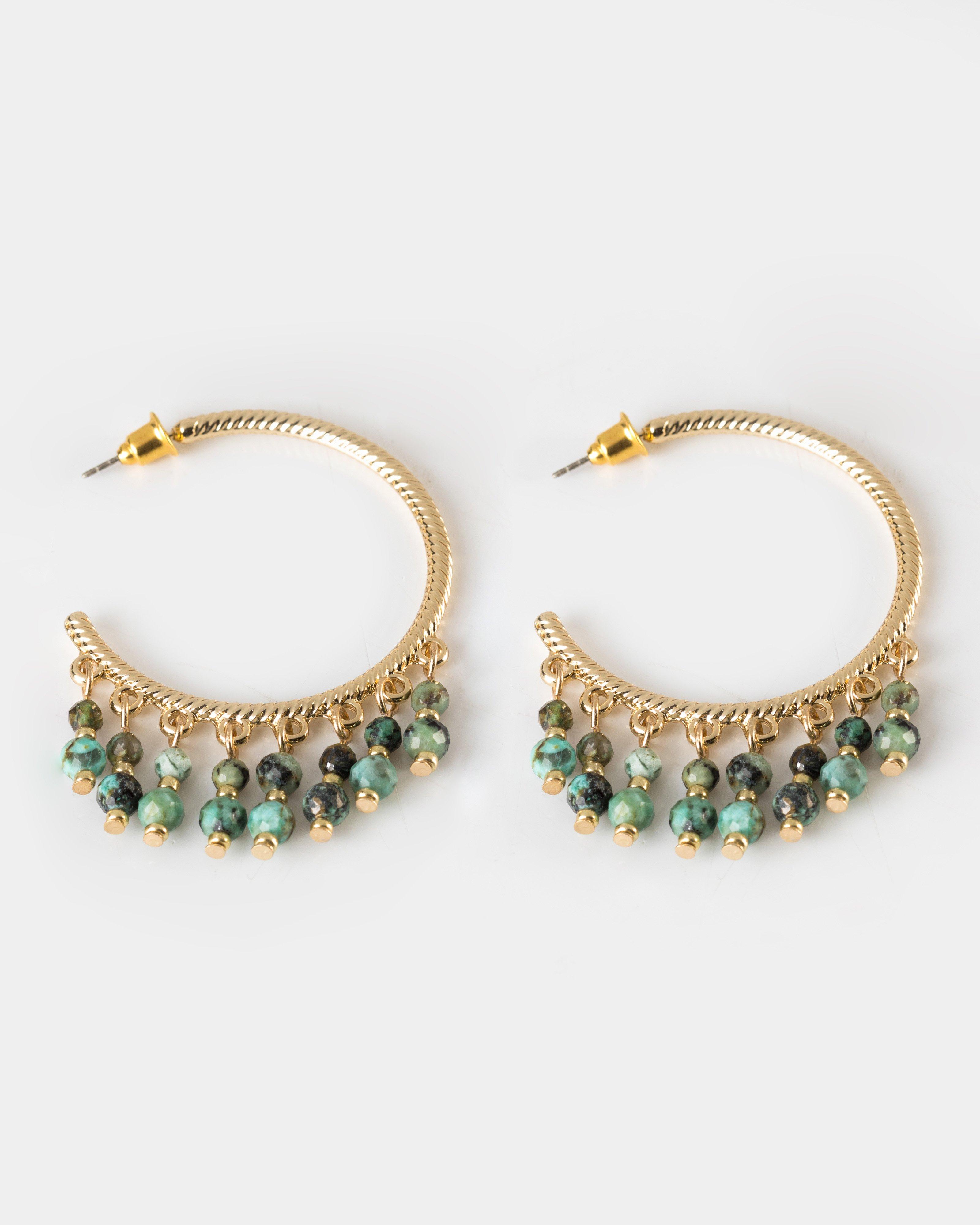 Women's Strand Beaded Hoop Earrings -  Green