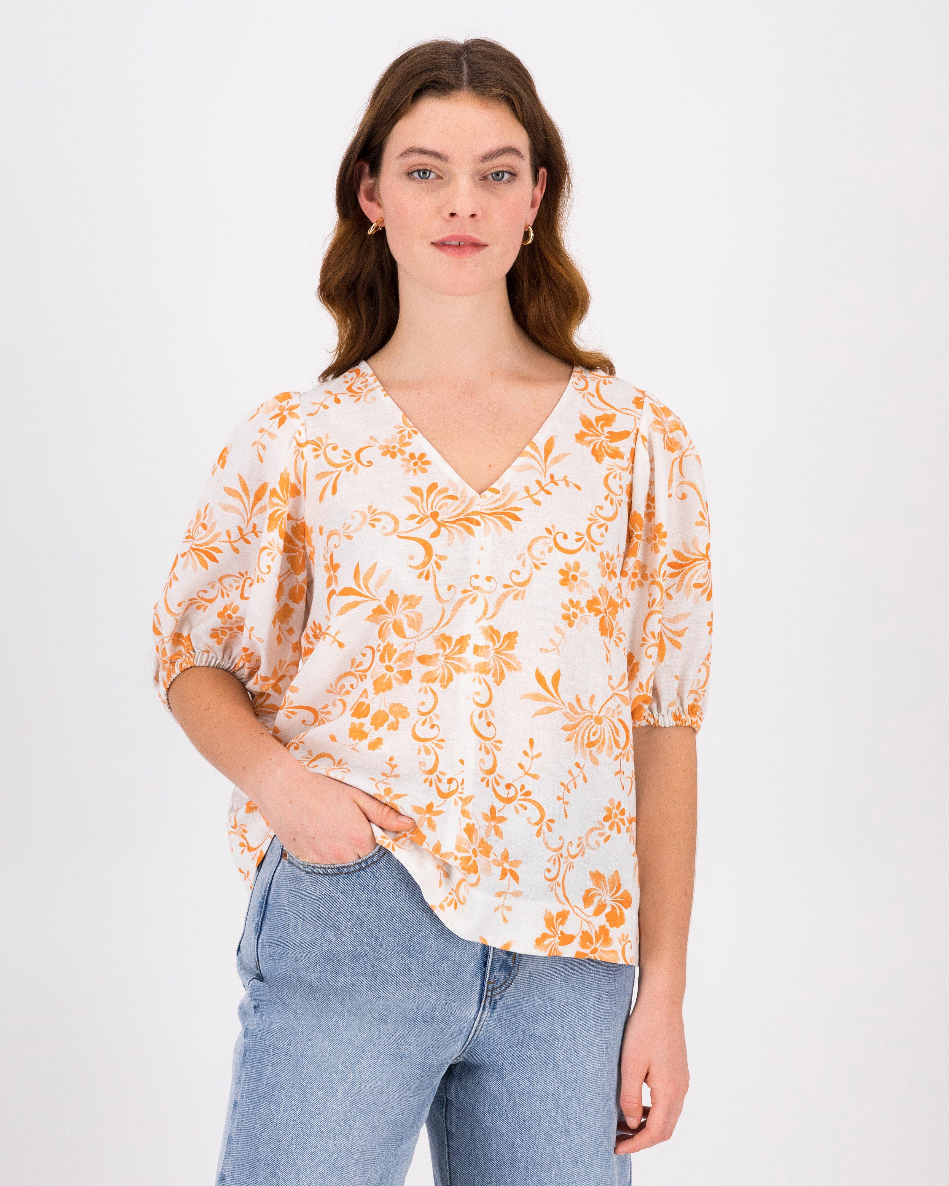 Adriana Two-Tone Linen Blouse -  Orange