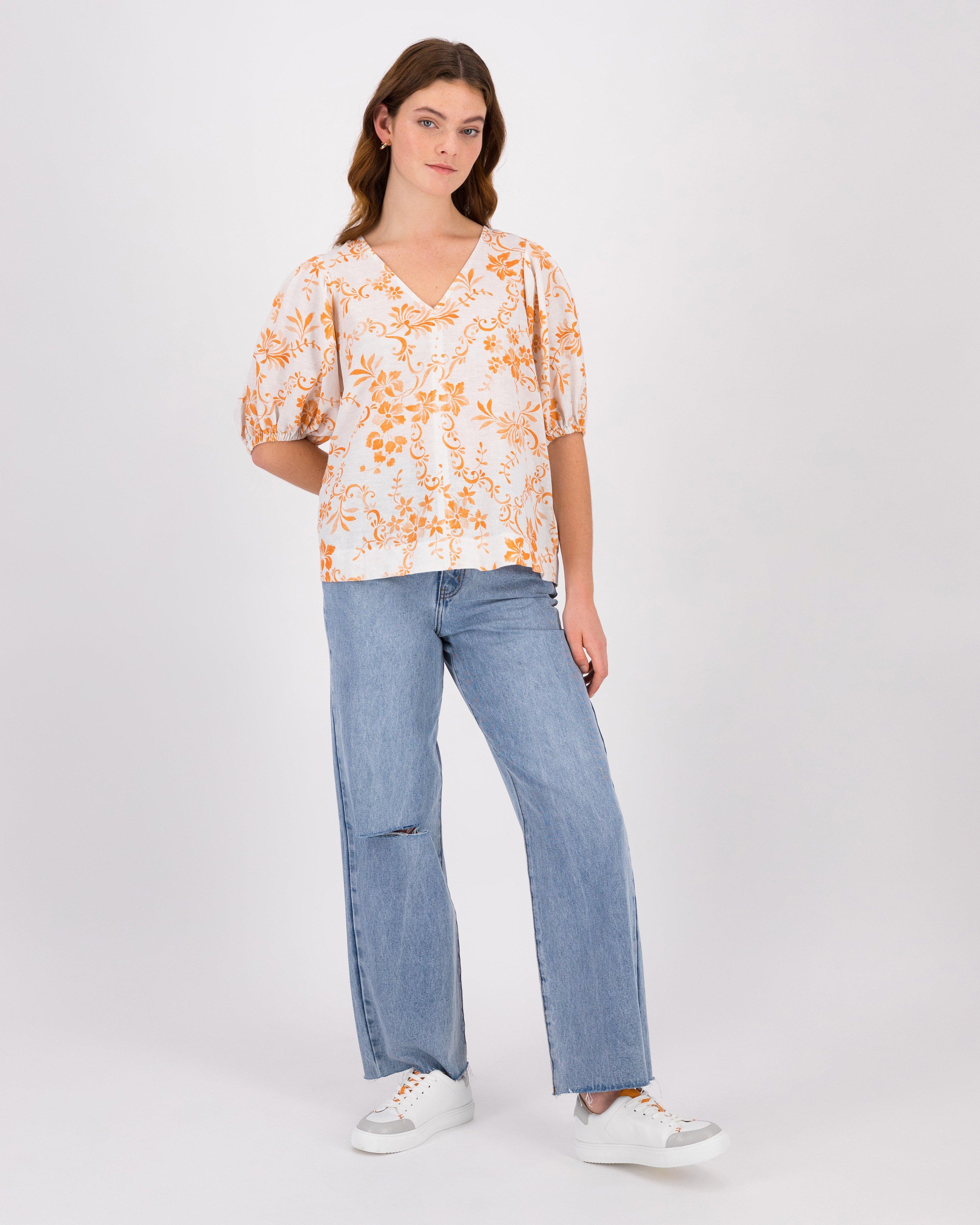 Adriana Two-Tone Linen Blouse -  Orange