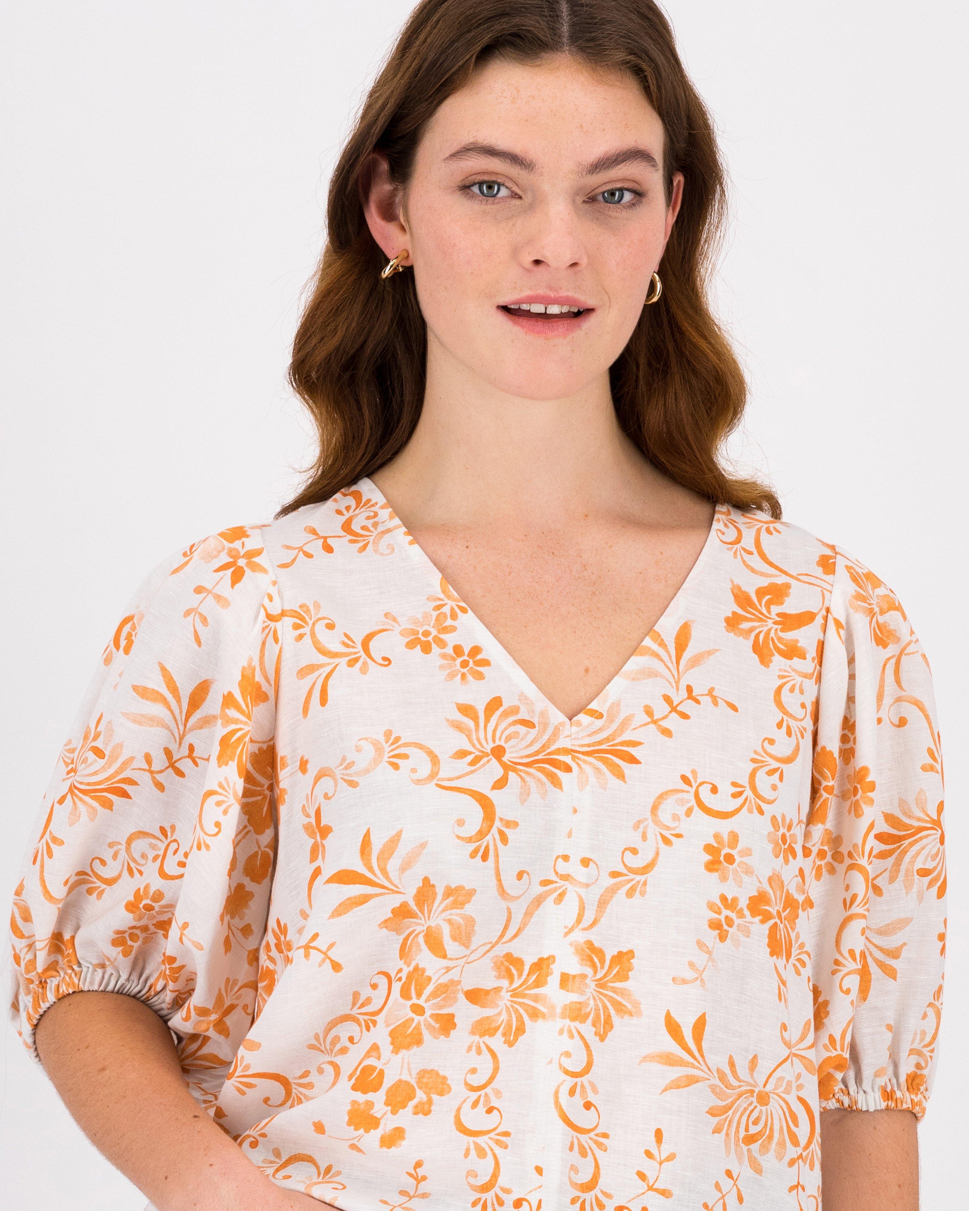 Adriana Two-Tone Linen Blouse -  Orange