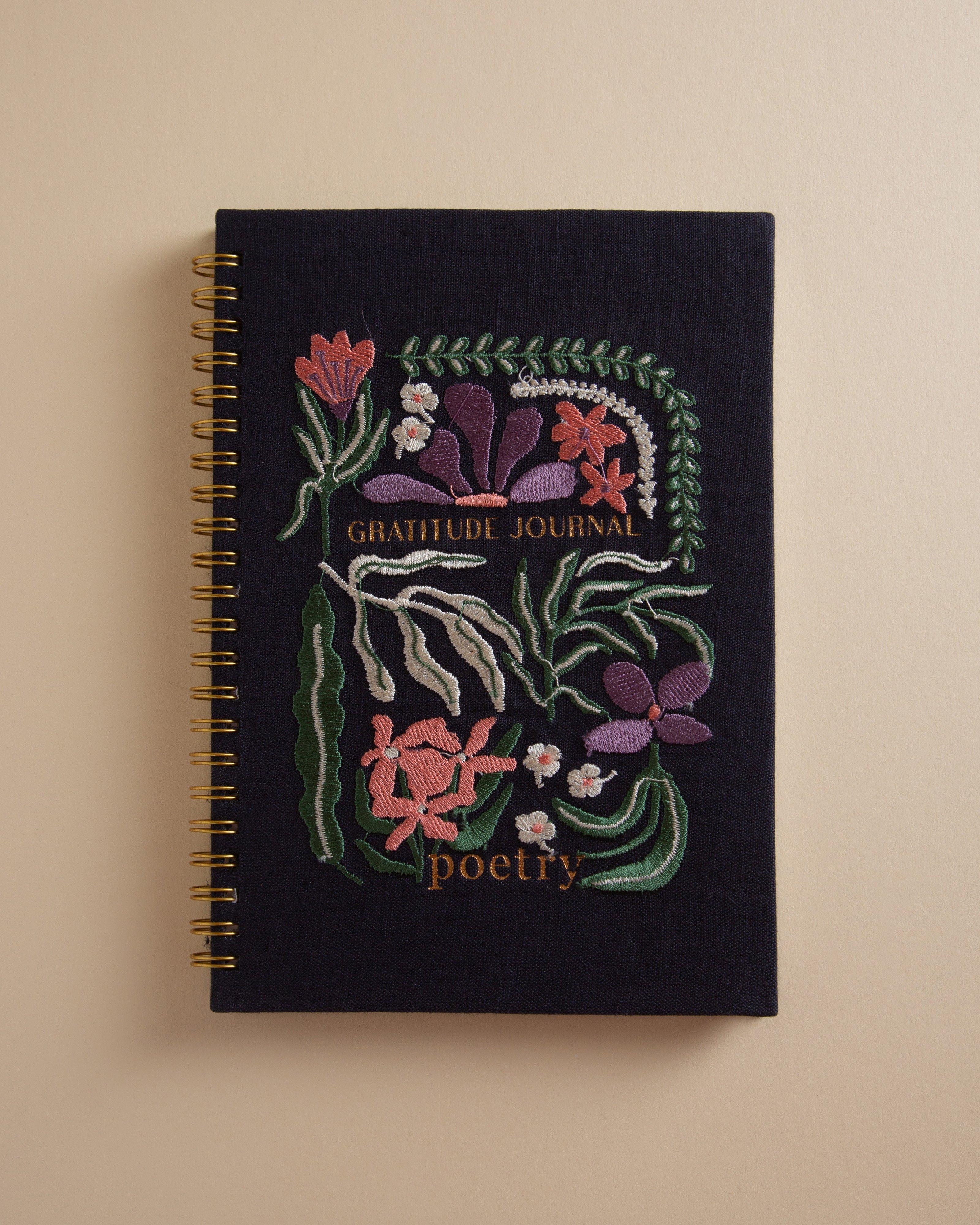 Embroidered Floral Gratitude Journal -  Navy