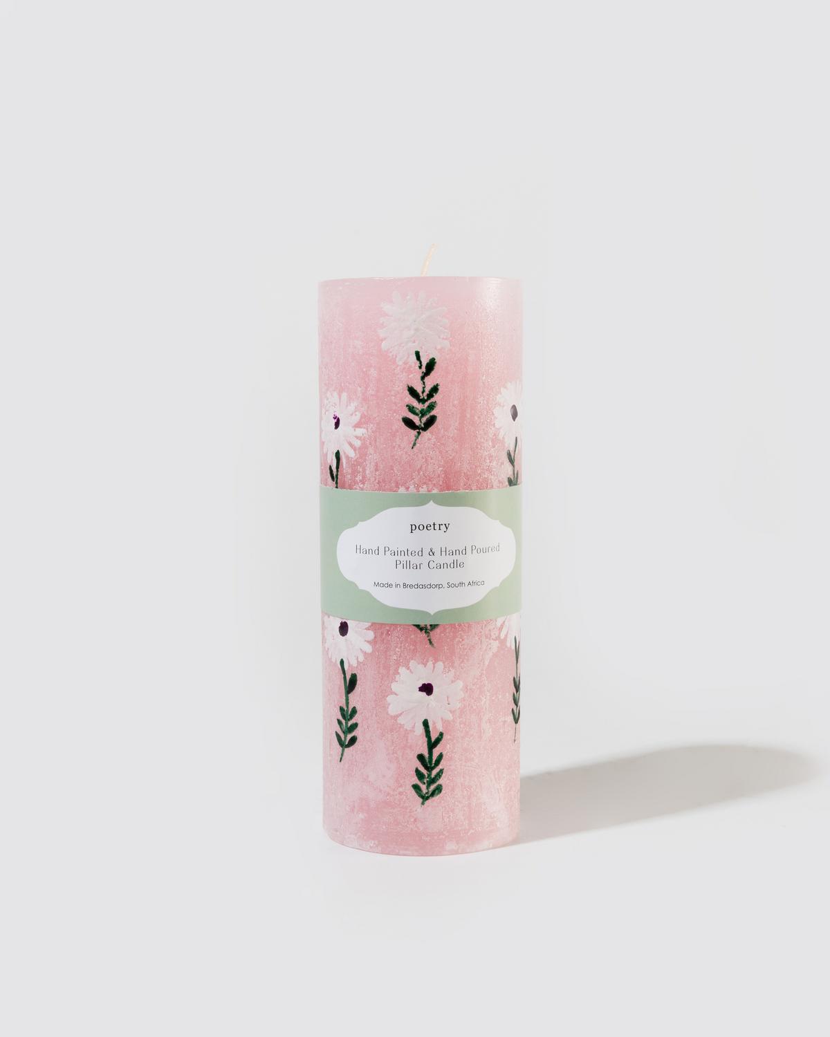 Hand Painted & Hand Poured Pillar Candle (7cm x 20cm) -  Pink