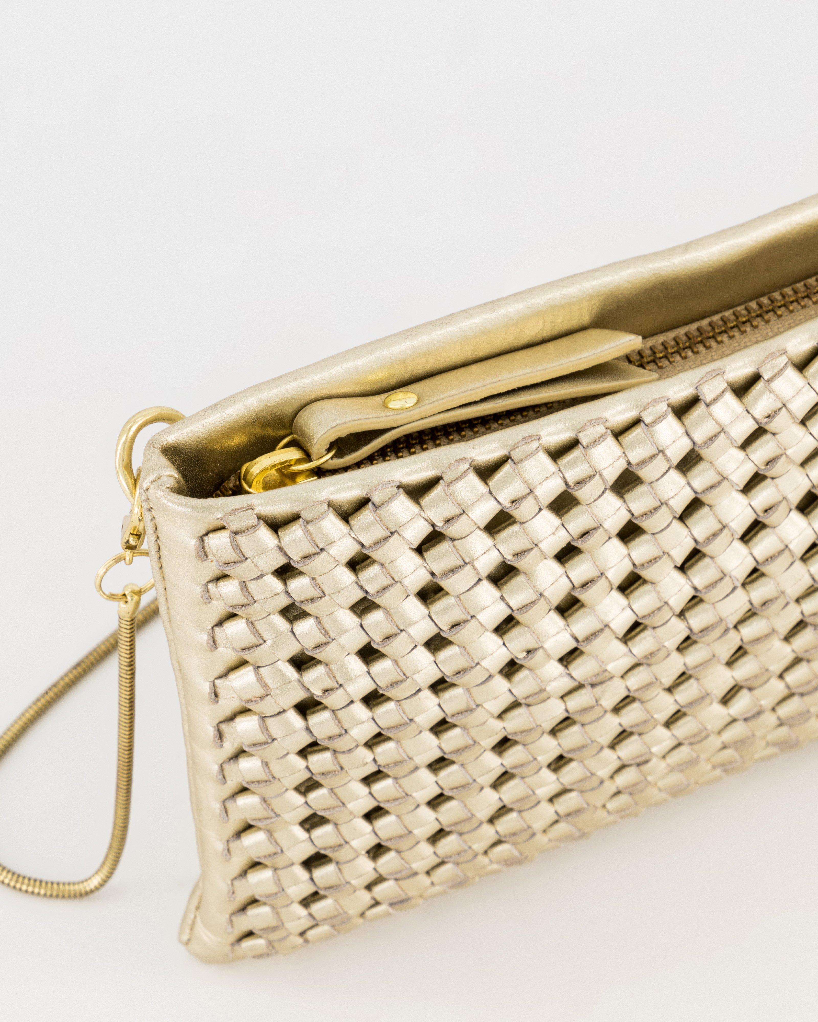 Zenia Braided Leather Crossbody Bag -  Gold