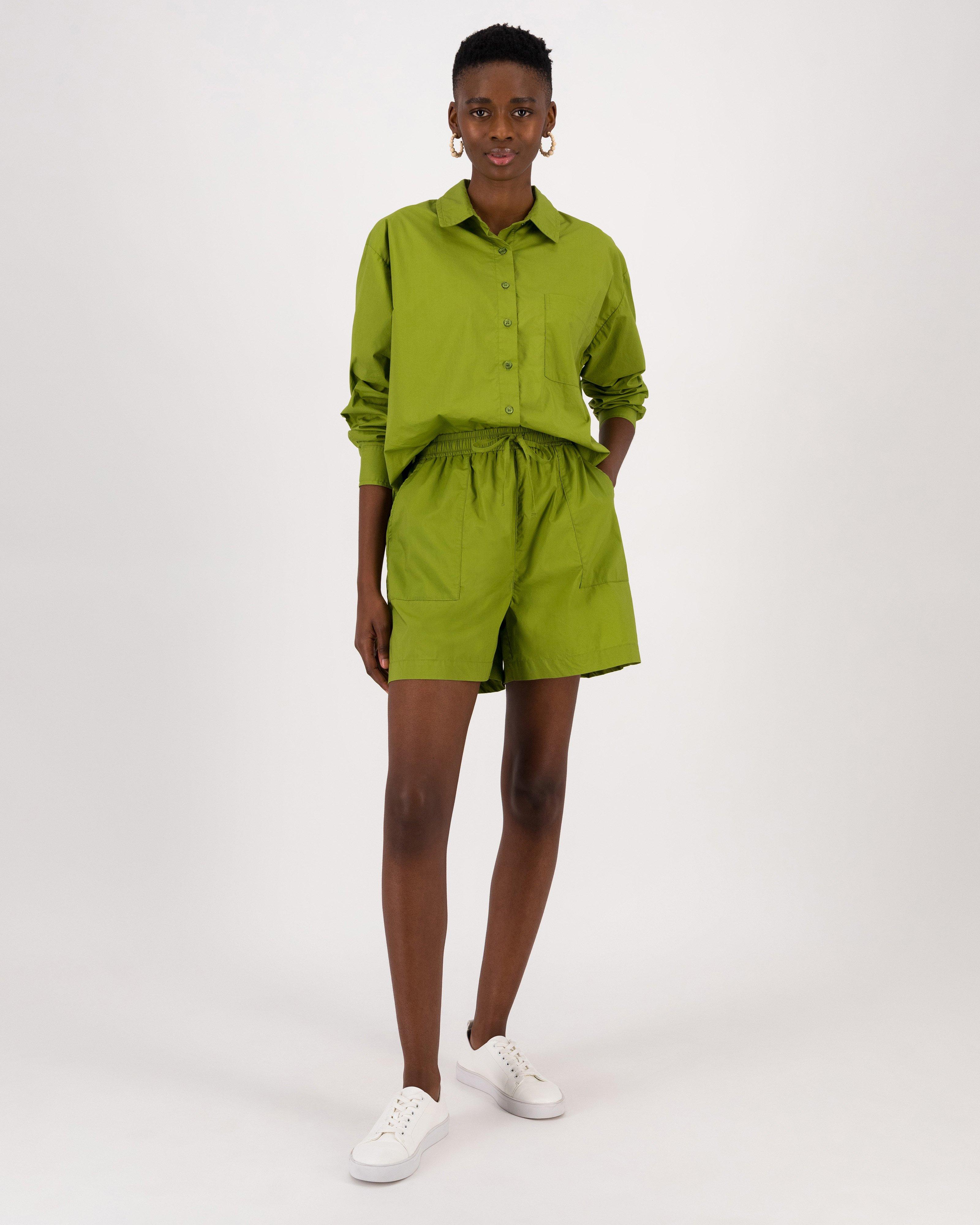 Hayley Poplin Shorts in Foliage Green by ExVoto