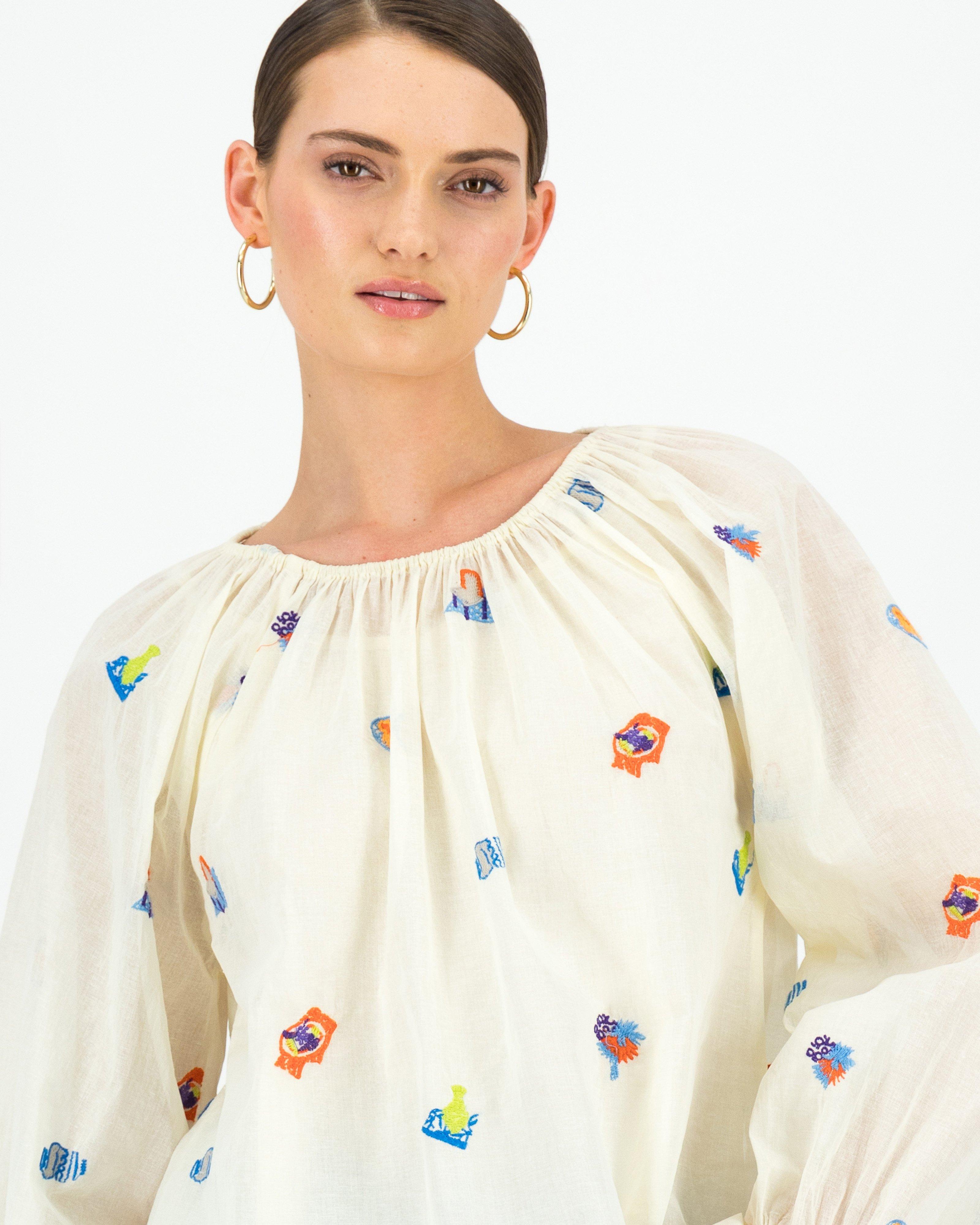 Whitney Organdie Embroidered Blouse -  Milk