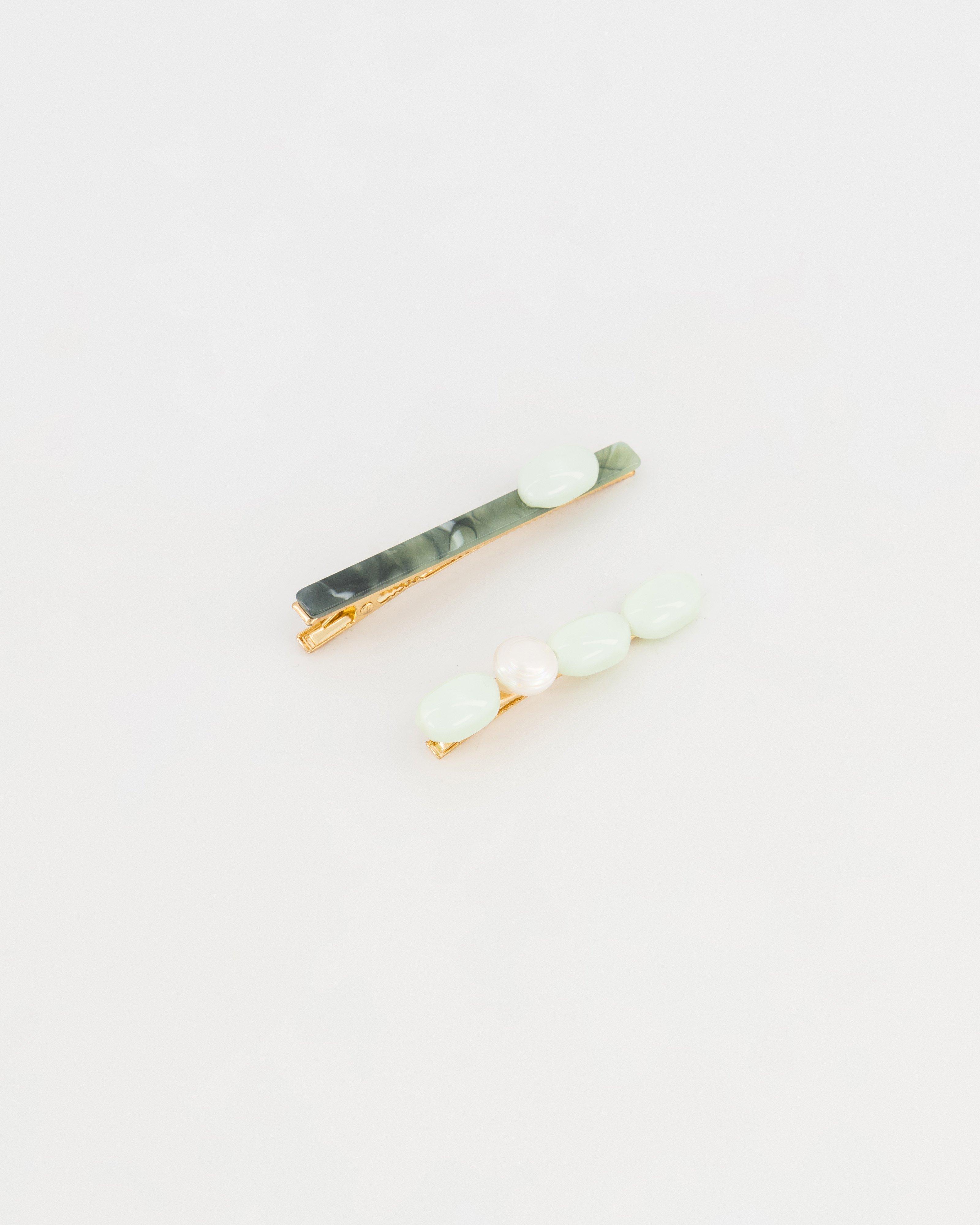 Phoenix Pearl and Stone Clips -  Green