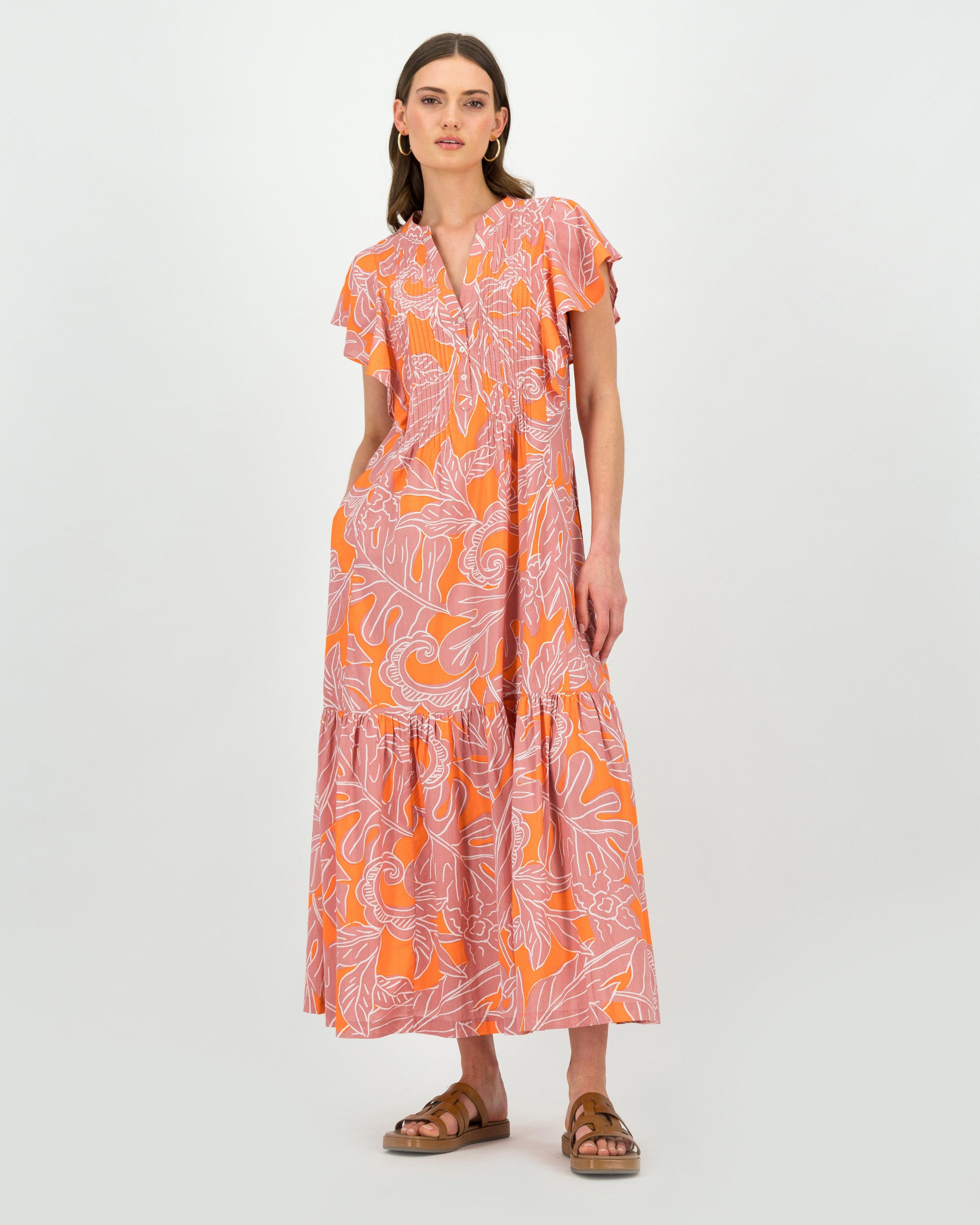 Demi Printed Pintuck Dress -  Orange