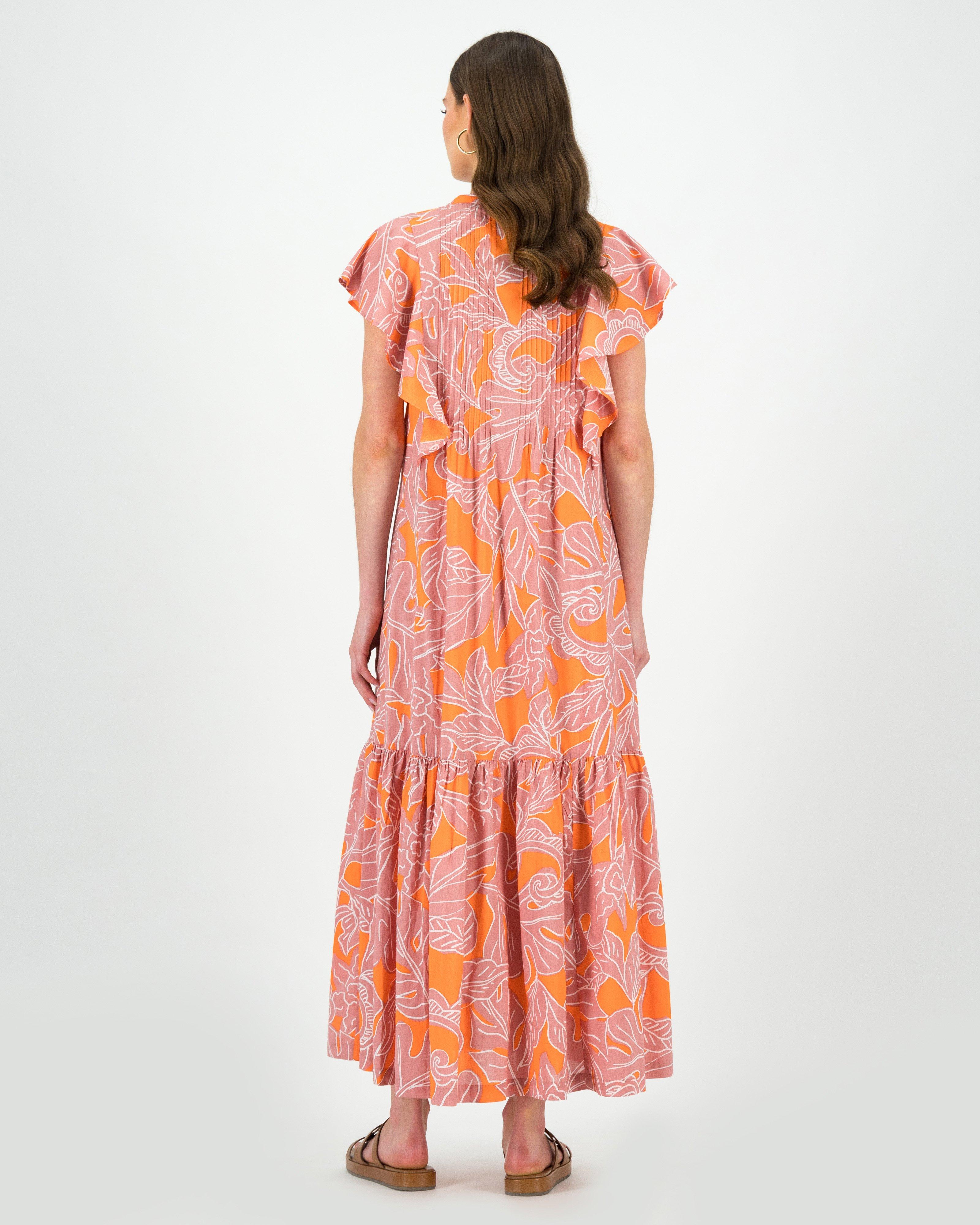 Demi Printed Pintuck Dress -  Orange