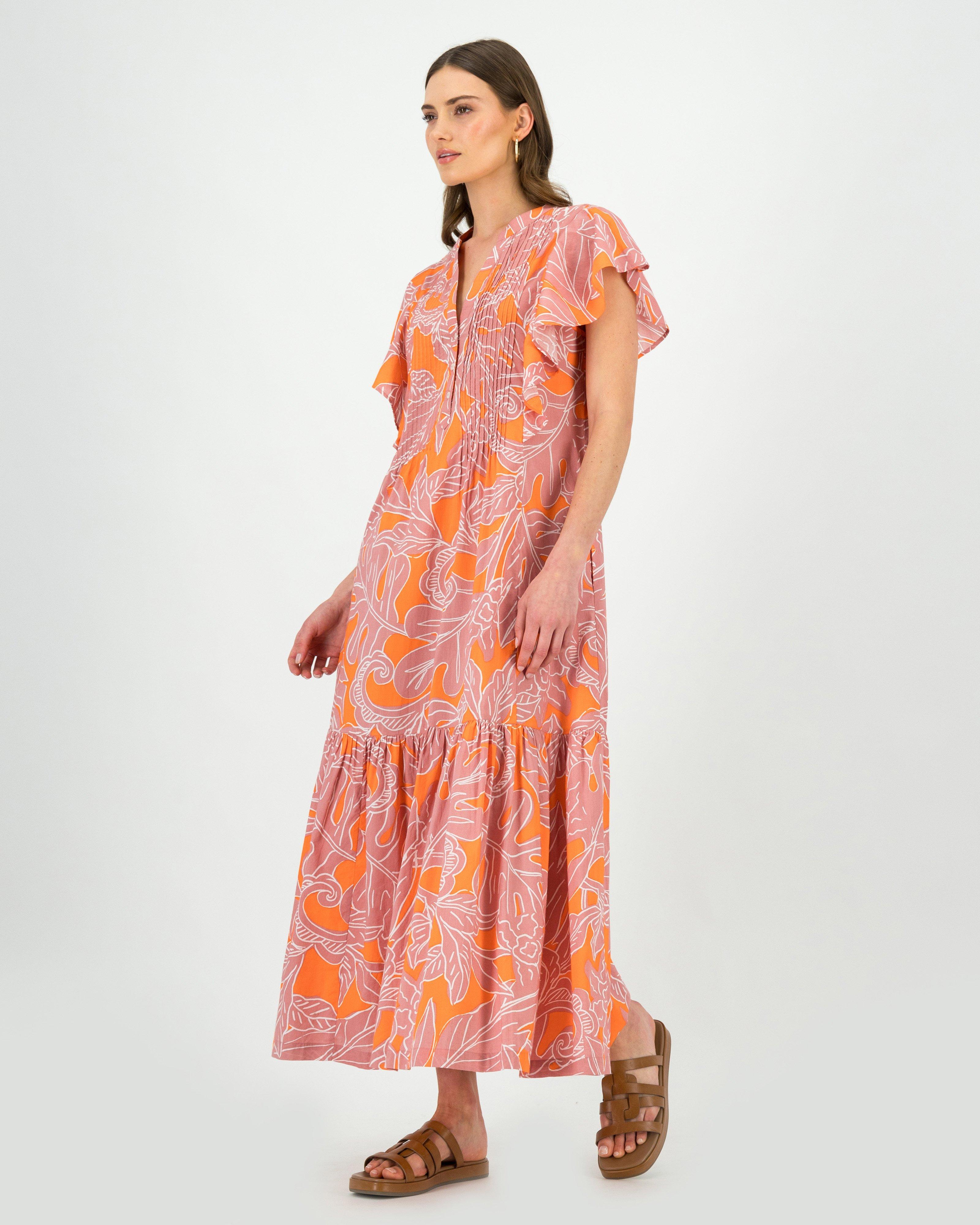 Demi Printed Pintuck Dress -  Orange