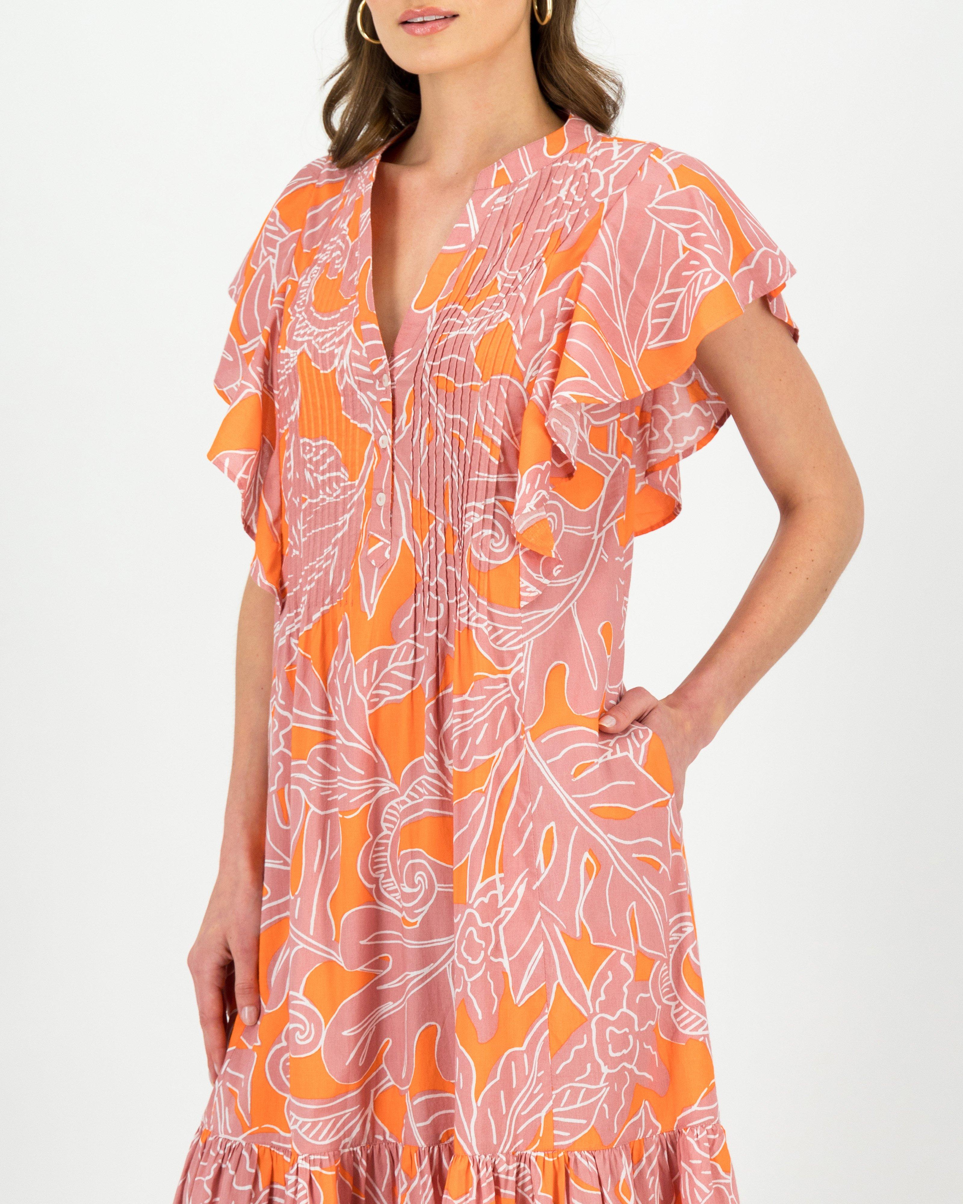 Demi Printed Pintuck Dress -  Orange