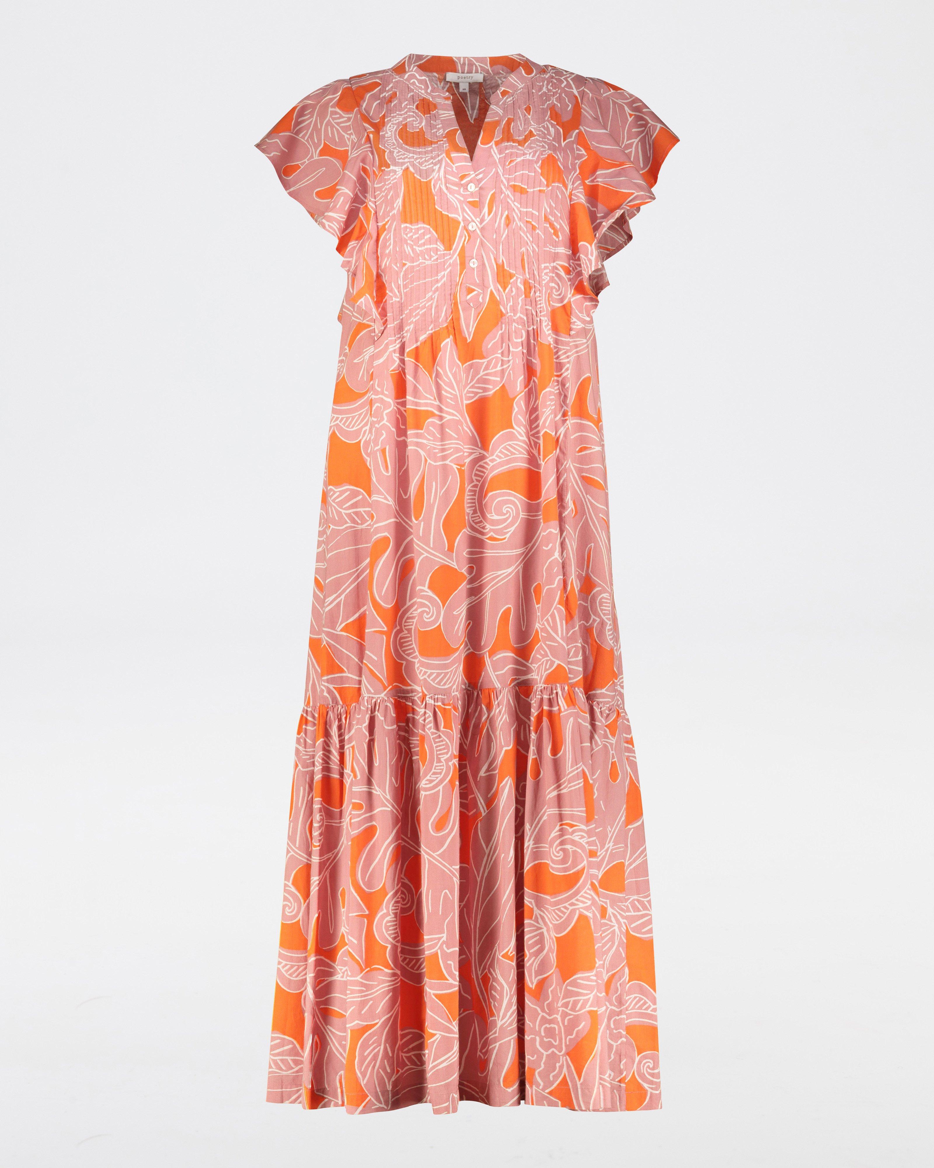 Demi Printed Pintuck Dress -  Orange