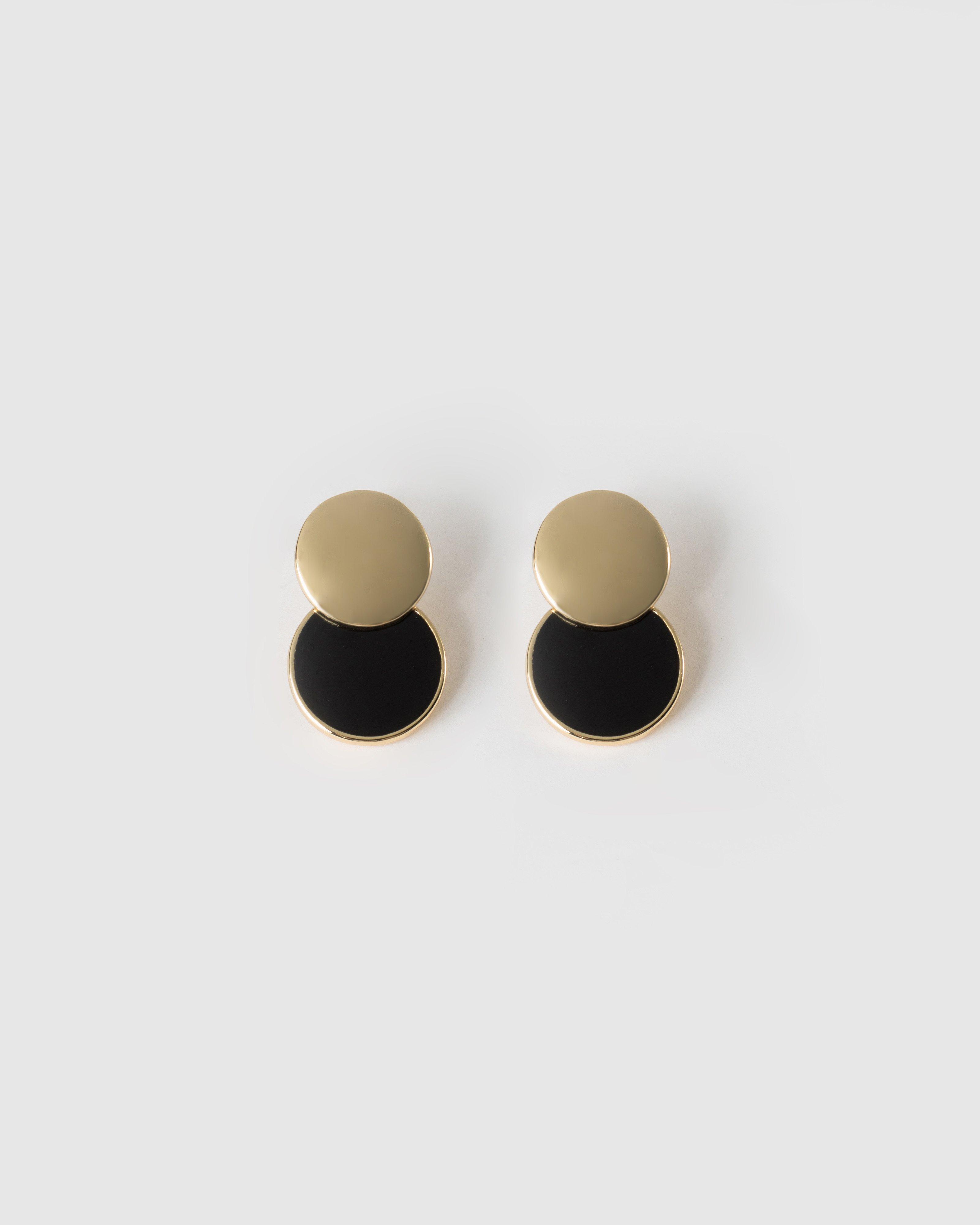 Shiny Disk and Epoxy Double Circular Drop Earrings -  Black