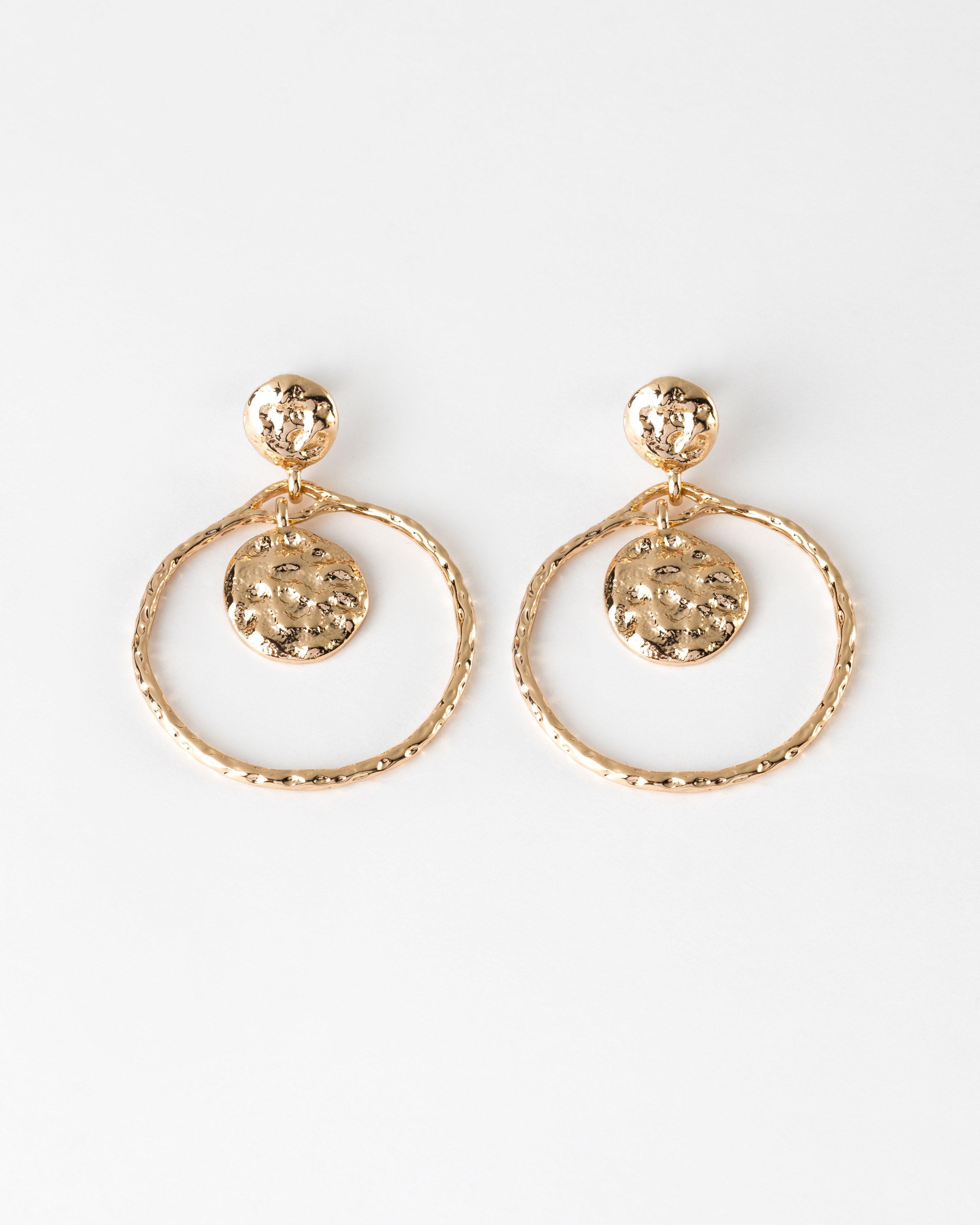 Textured Ring and Coin Pendant Earrings -  Gold