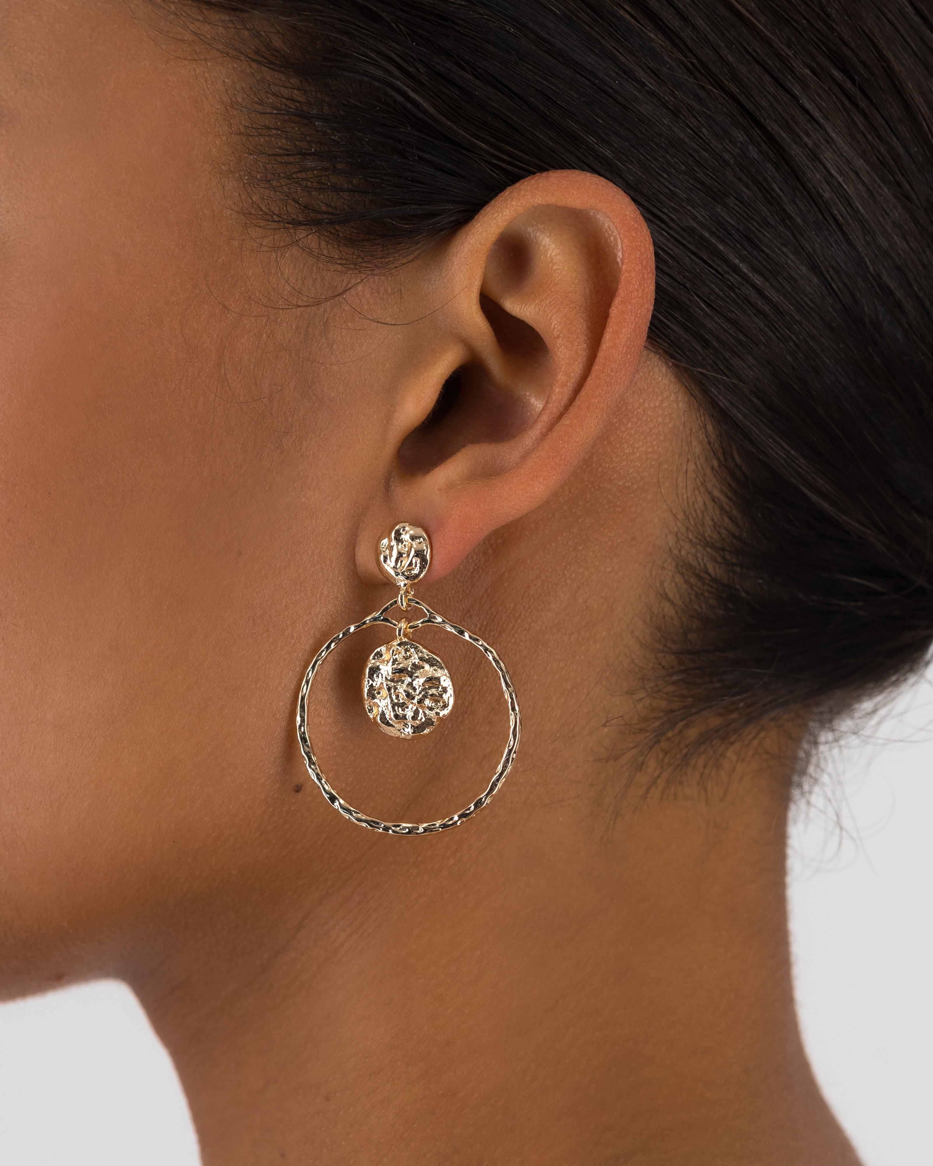 Textured Ring and Coin Pendant Earrings -  Gold