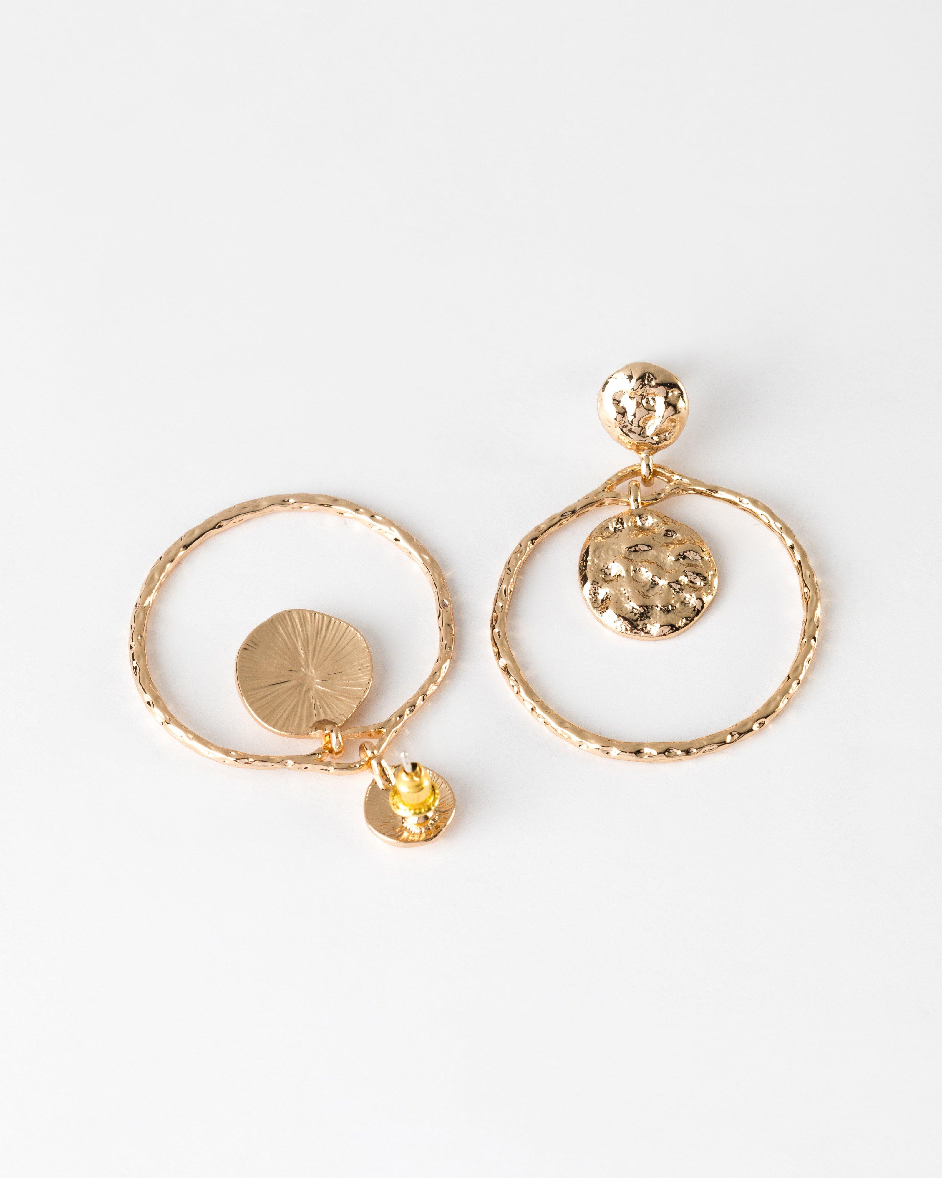 Textured Ring and Coin Pendant Earrings -  Gold